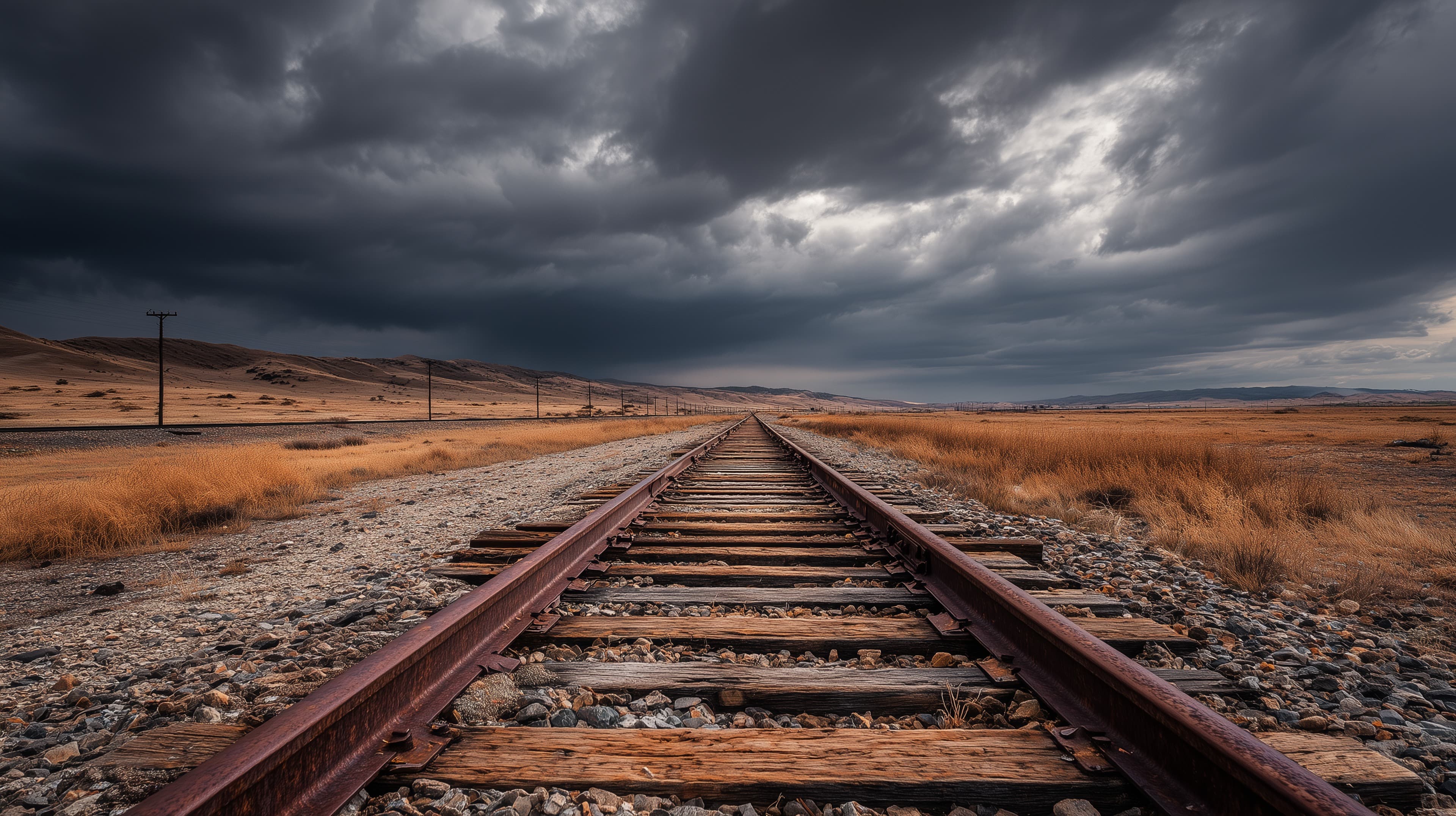 Desert Rail Tracks into Stormy Horizon - Dramatic Wallpaper - High Resolution barren-wasteland Wallpaper for Mobile and Desktop