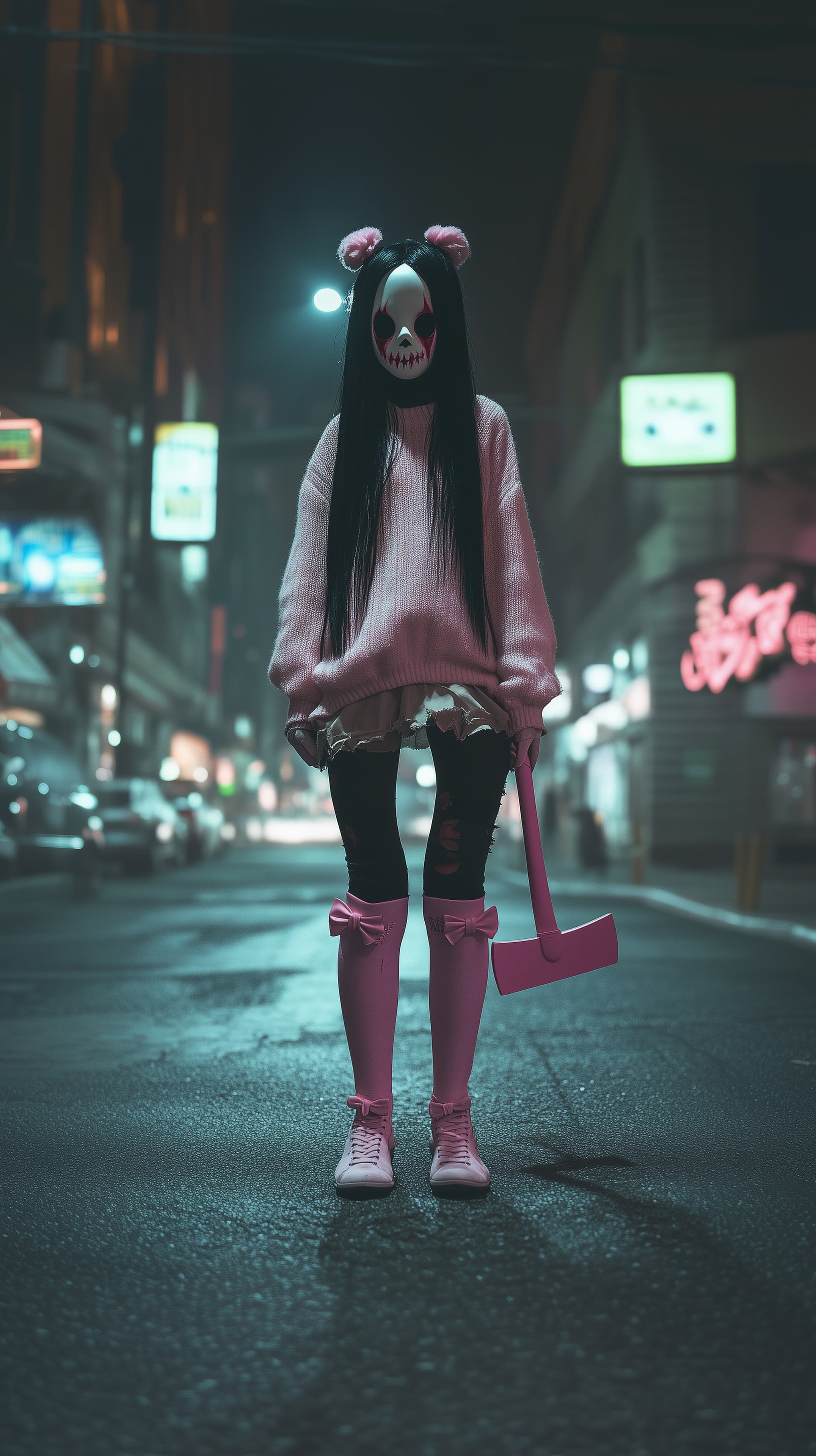 Night street eerie masked figure with pink accessories wallpaper - High Resolution cosplay Wallpaper for Mobile and Desktop
