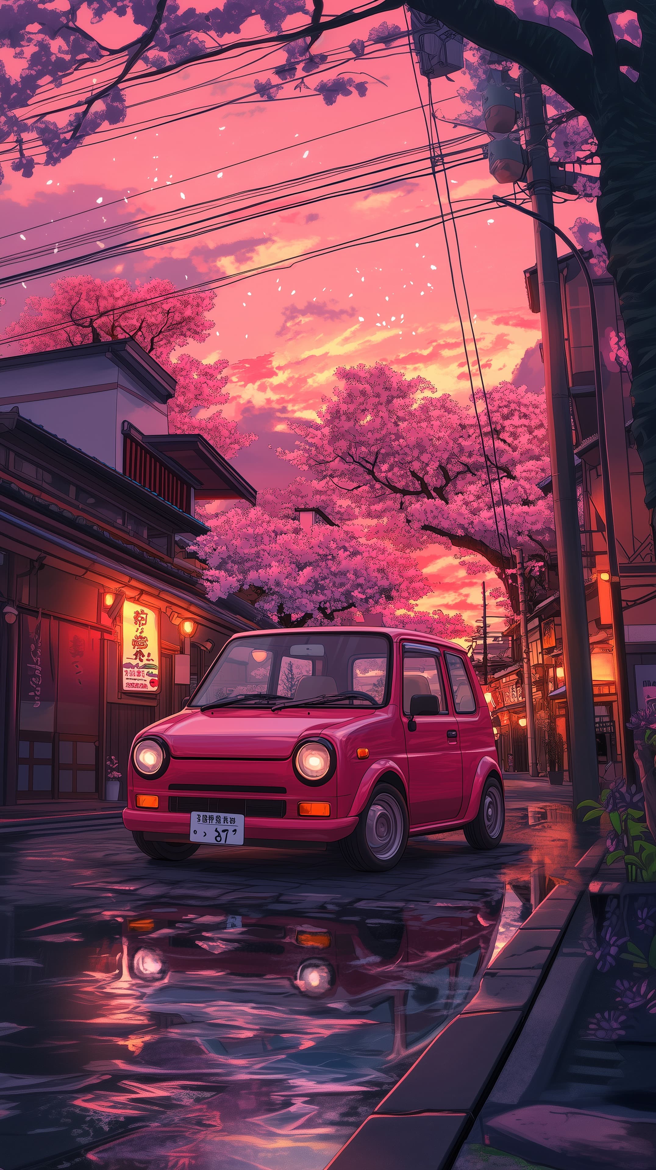 Pastel Cherry Blossom Sunset Street Scene with Pink Car - High Resolution anime-art Wallpaper for Mobile and Desktop