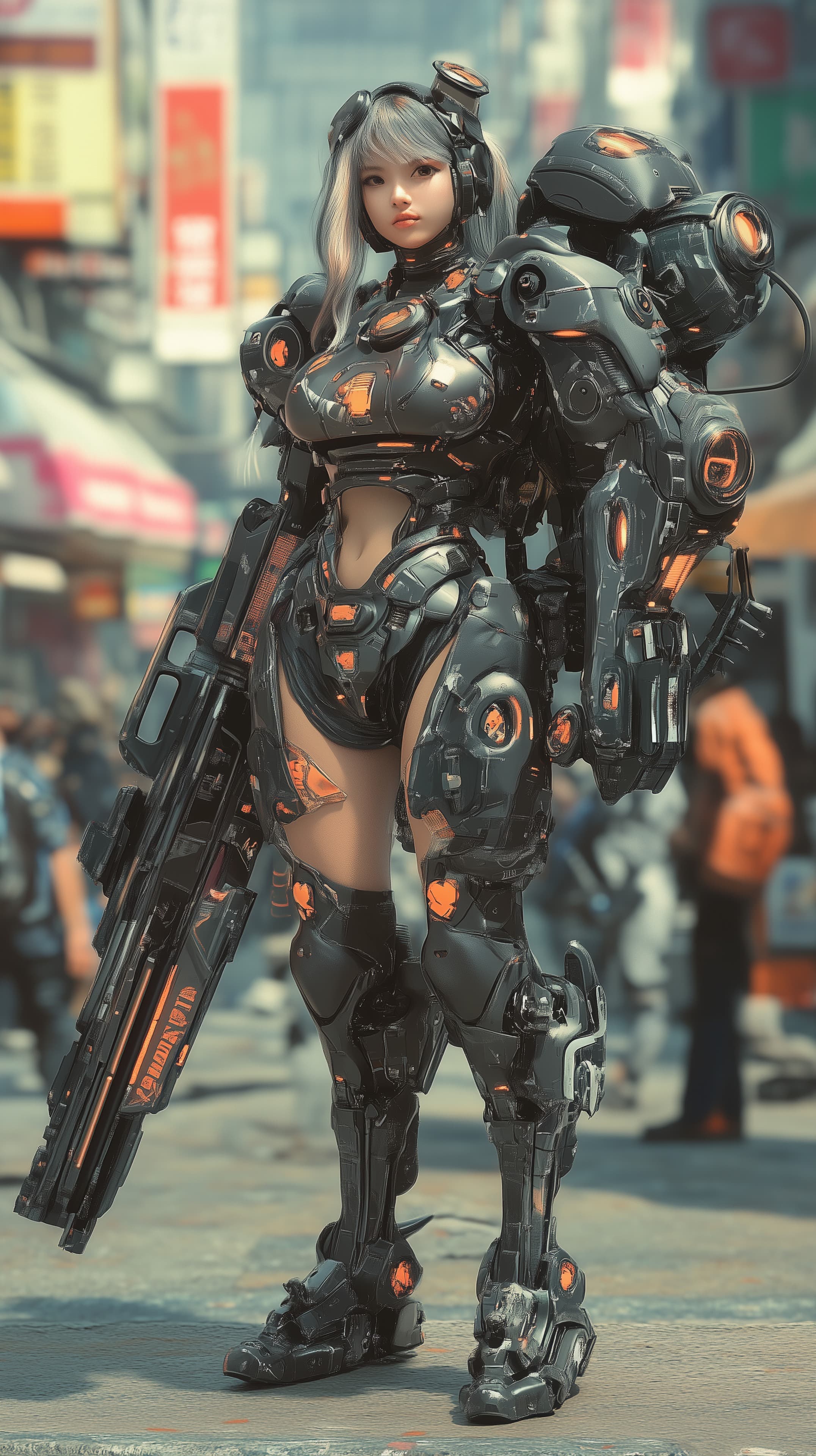 Futuristic Armored Warrior in Neon Exosuit in City - High Resolution armored-suit Wallpaper for Mobile and Desktop