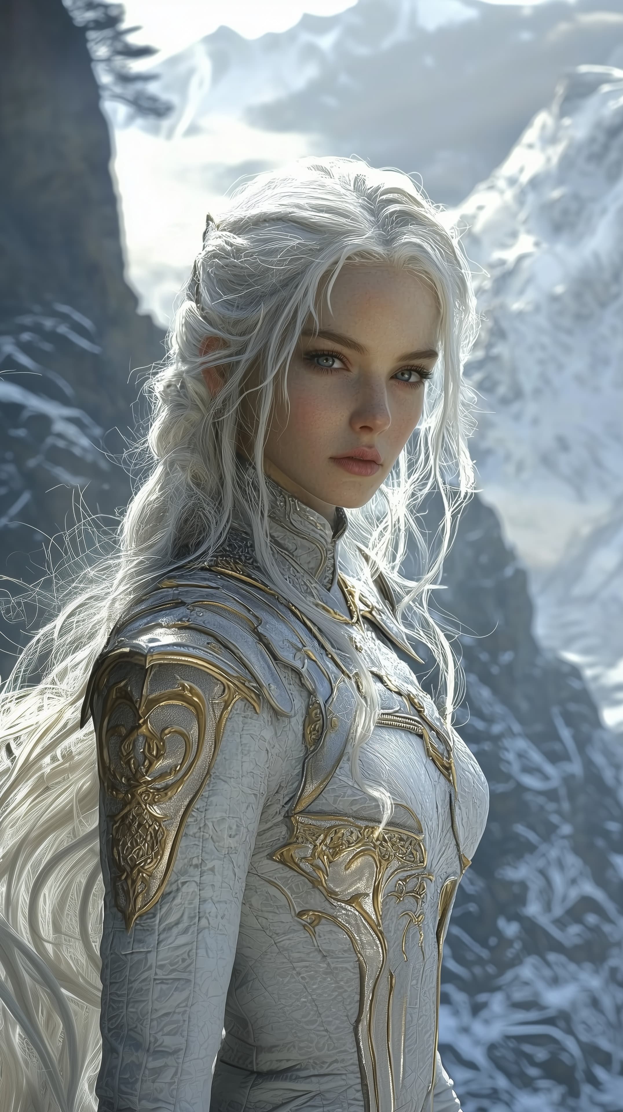 Ice Maiden in Silver-Gold Armor Amid Snowy Peaks and Glowing Frost - High Resolution armor-design Wallpaper for Mobile and Desktop