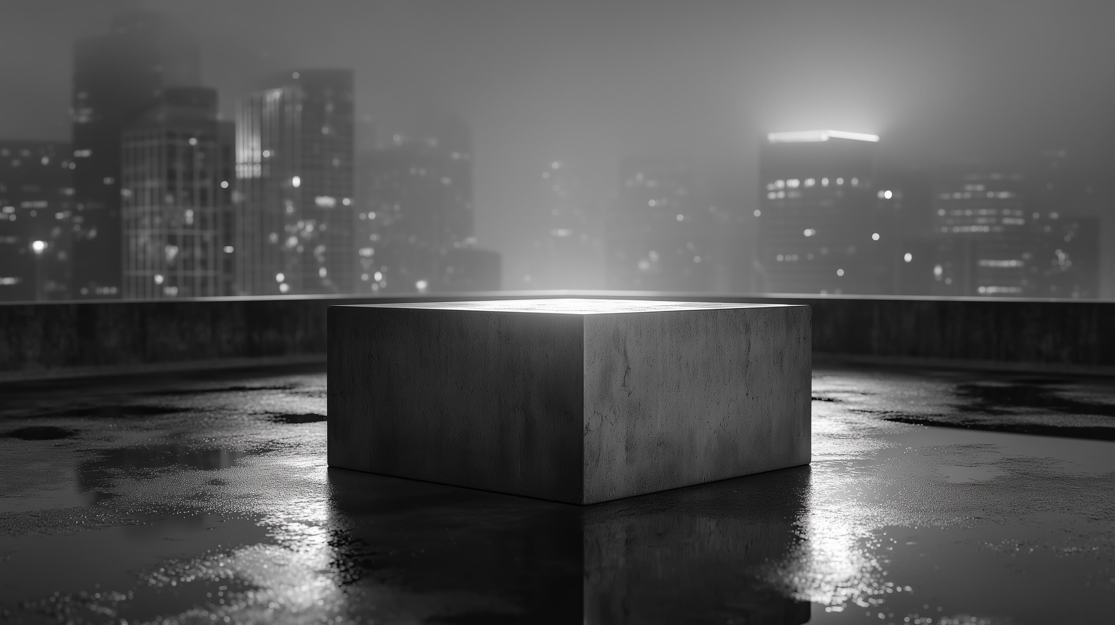 Moody Night City Rooftop with Glowing Cube Wallpaper - High Resolution night Wallpaper for Mobile and Desktop