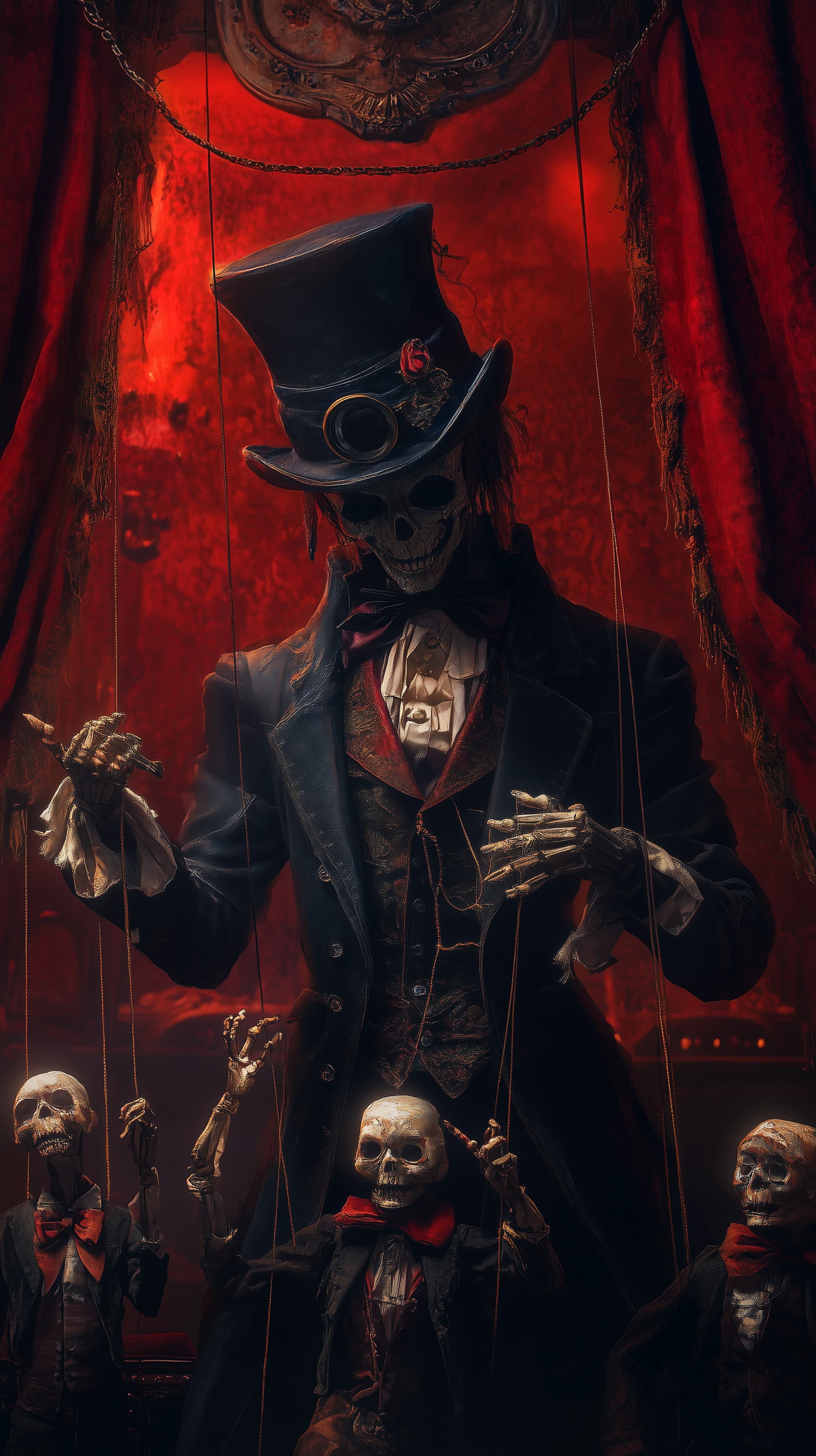 Gothic Skeleton Puppet Master in Velvet Red Theatre - High Resolution creepy Wallpaper for Mobile and Desktop