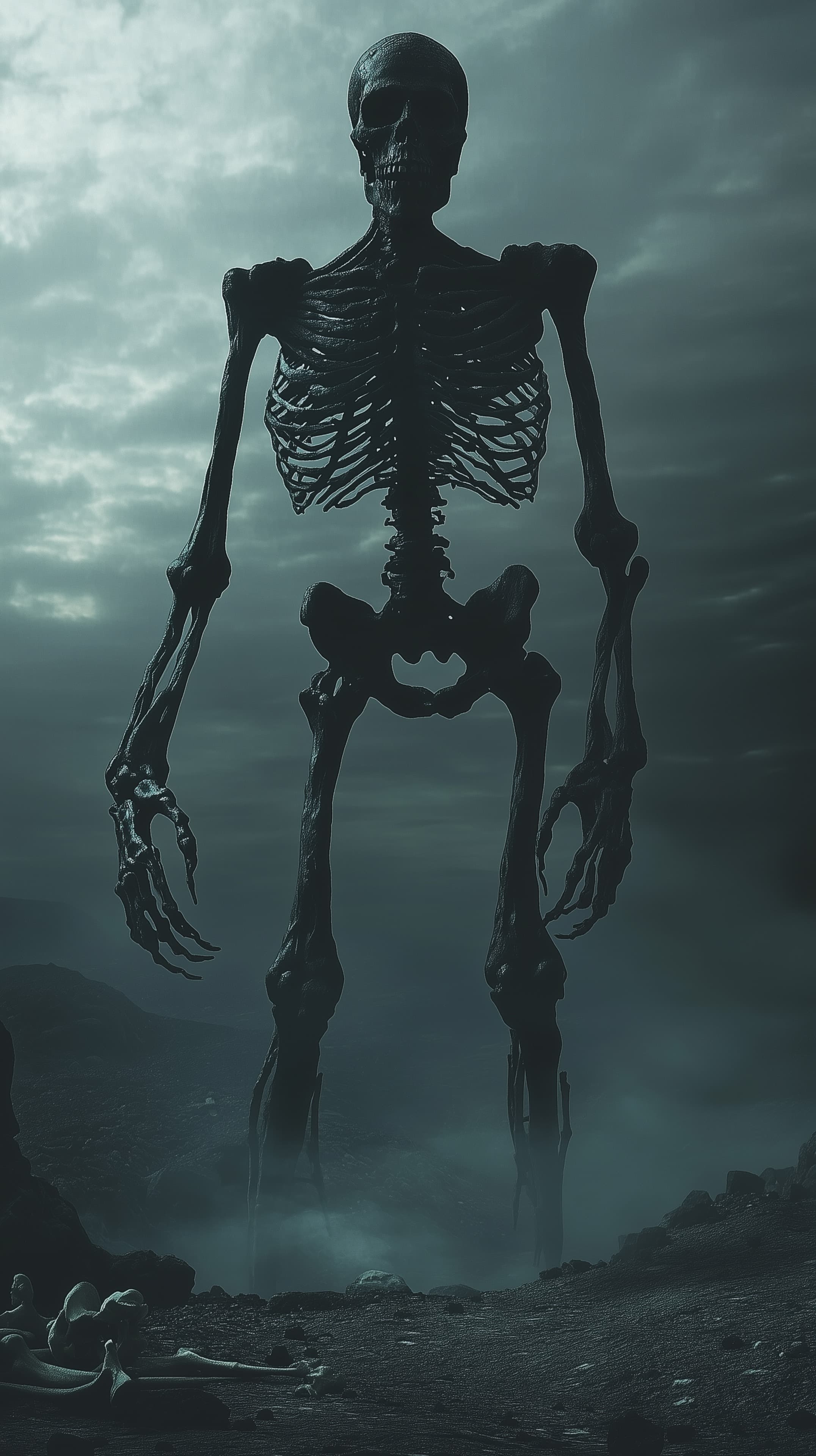 Eerie Skeleton Figure in a Misty Desolate Landscape - High Resolution dark-fantasy Wallpaper for Mobile and Desktop