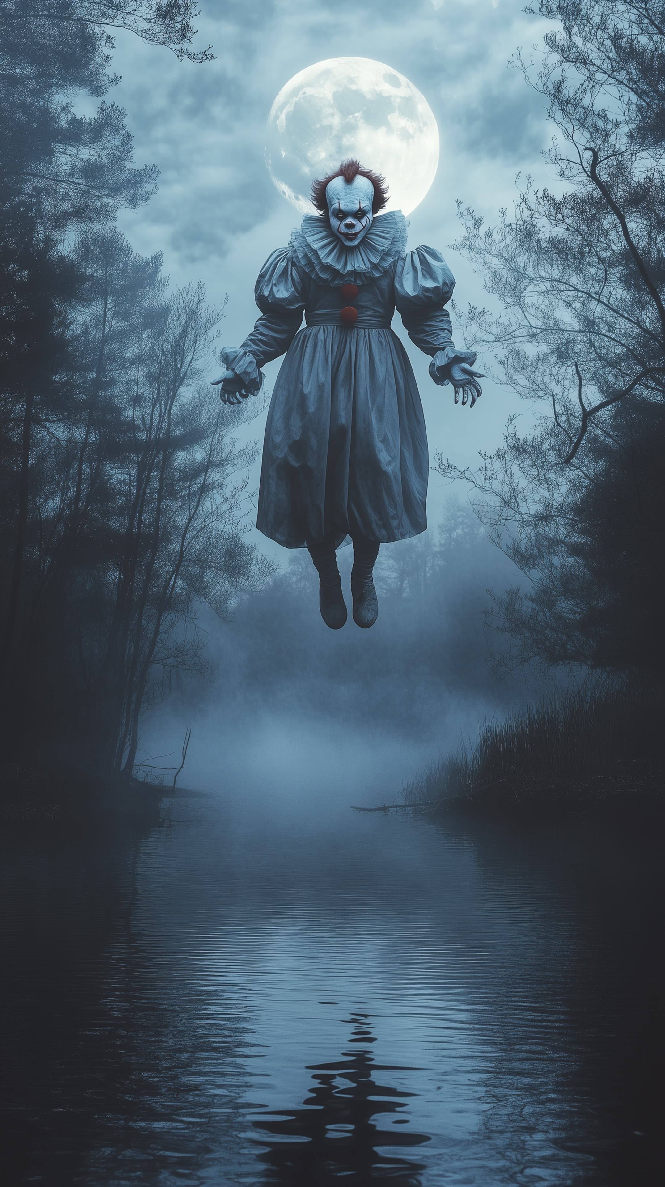Moonlit Clown Floating Over Foggy Forest - Night Wallpaper - High Resolution clown Wallpaper for Mobile and Desktop