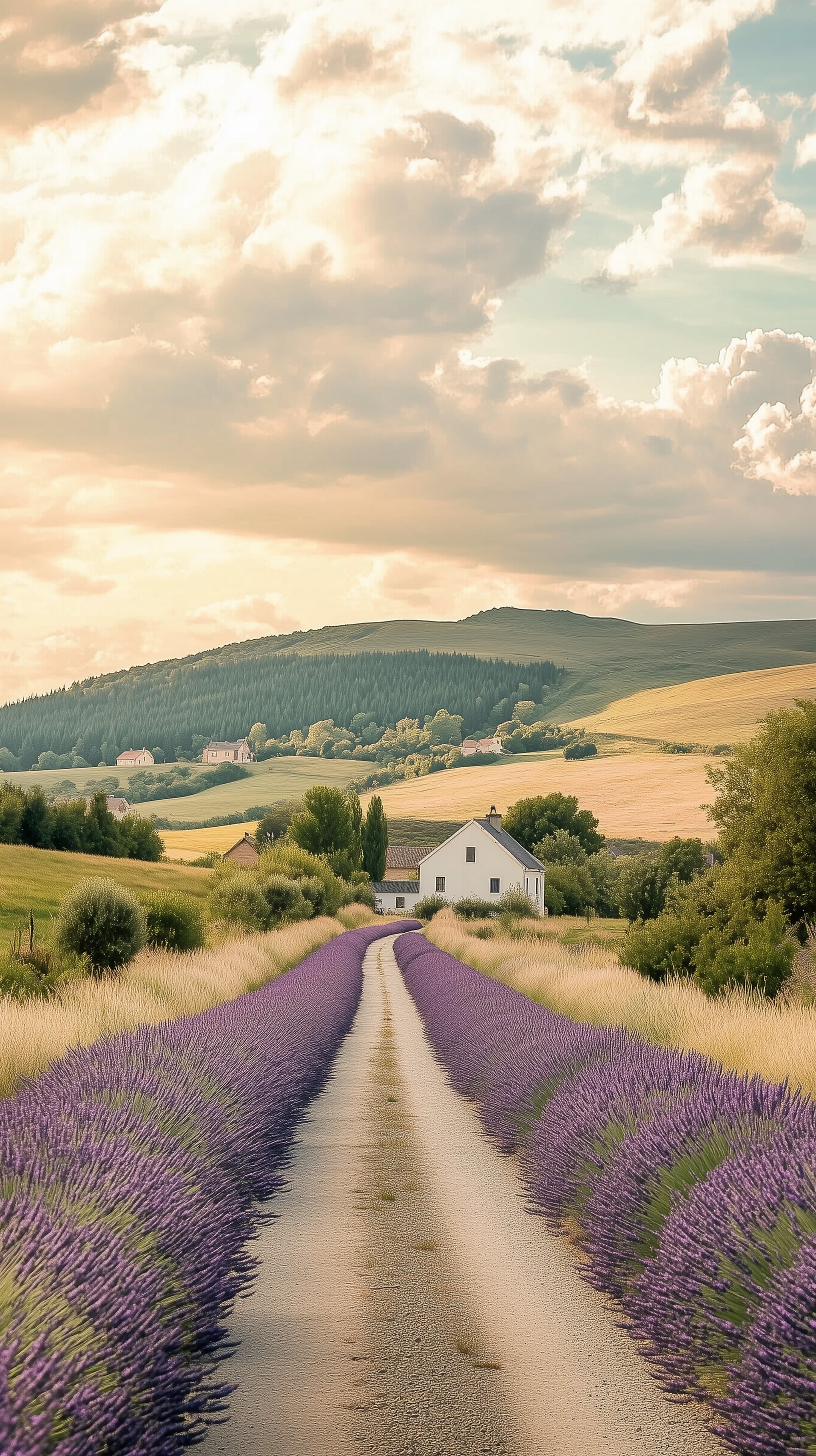 Golden Hour Lavender Field Roadway in Serene Countryside - High Resolution countryside Wallpaper for Mobile and Desktop