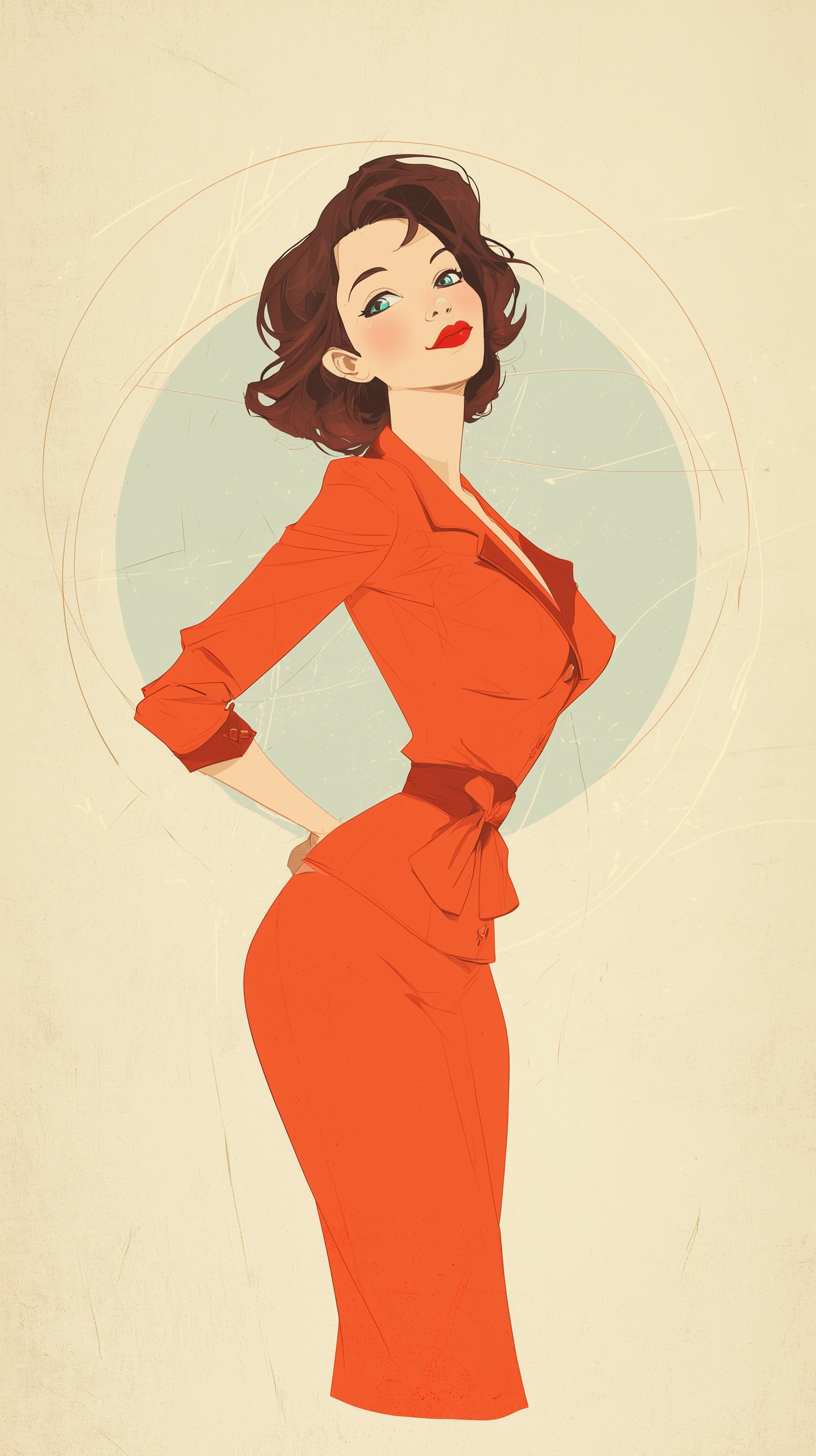 Retro Red Suit Woman - Vintage Pinup Style Illustration - High Resolution bold-colors Wallpaper for Mobile and Desktop