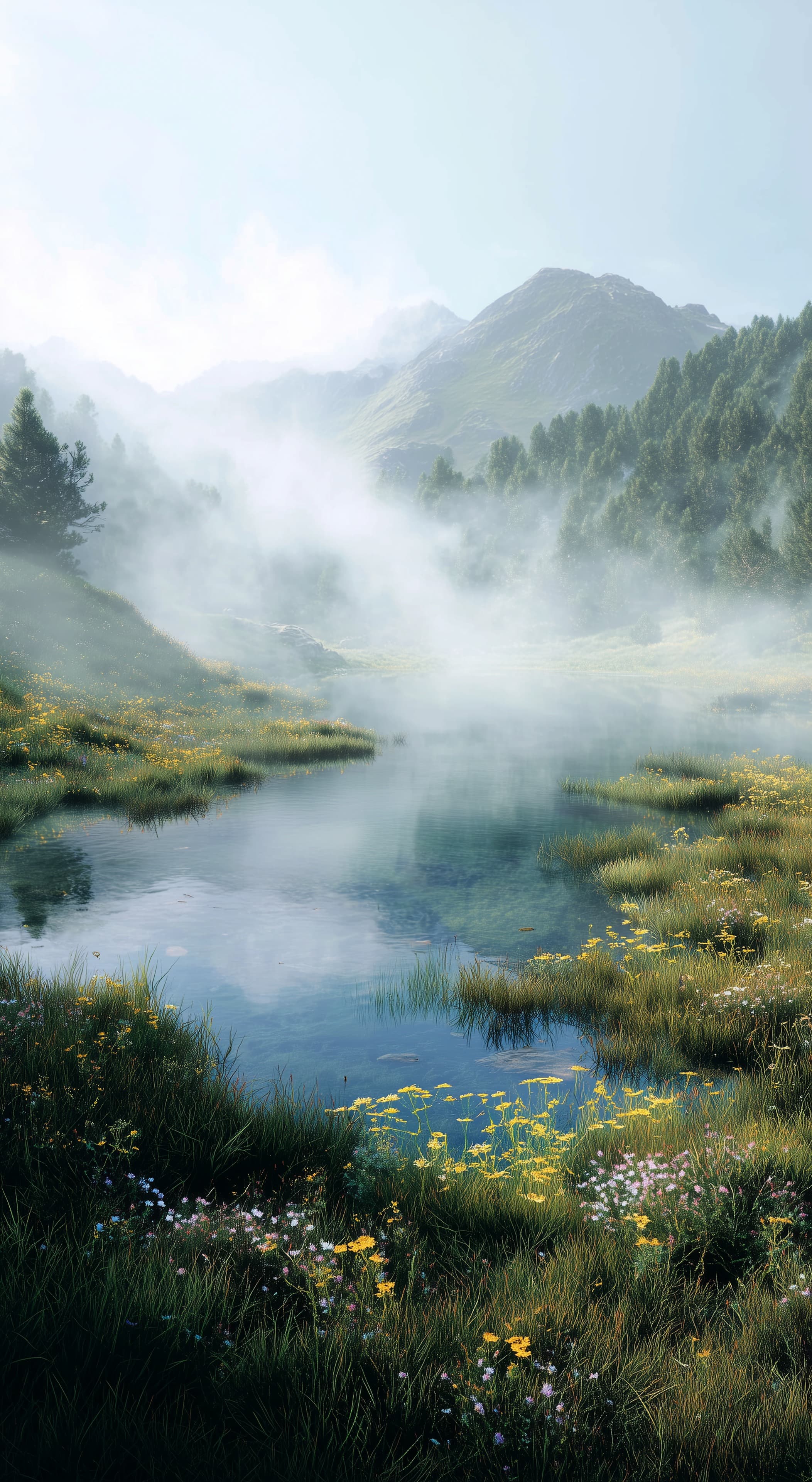 Tranquil Mountain Mist Landscape Wallpaper with Wildflowers - High Resolution calm-wallpaper Wallpaper for Mobile and Desktop