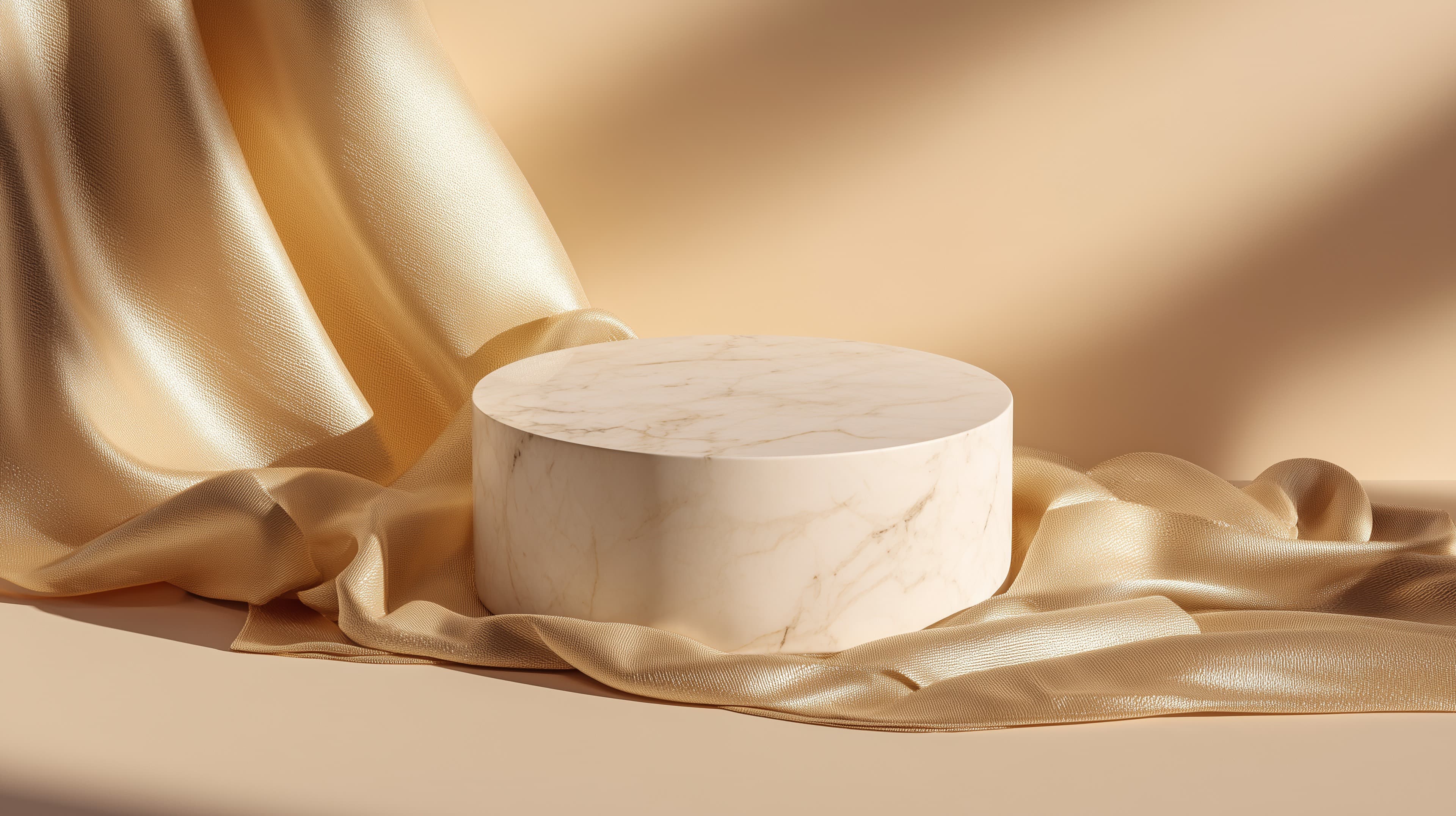 Golden Satin Stage: Marble Pedestal on Silk Drapes - High Resolution marble-pedestal Wallpaper for Mobile and Desktop
