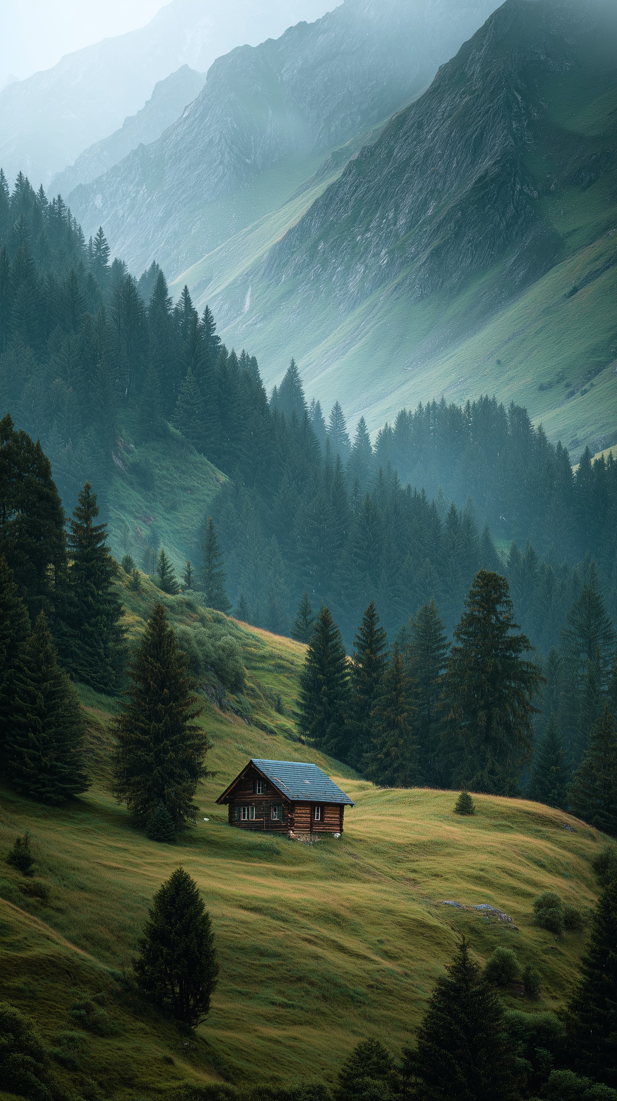 Tranquil Mountain Cabin Amid Misty Alpine Valley Landscape - High Resolution alpine Wallpaper for Mobile and Desktop