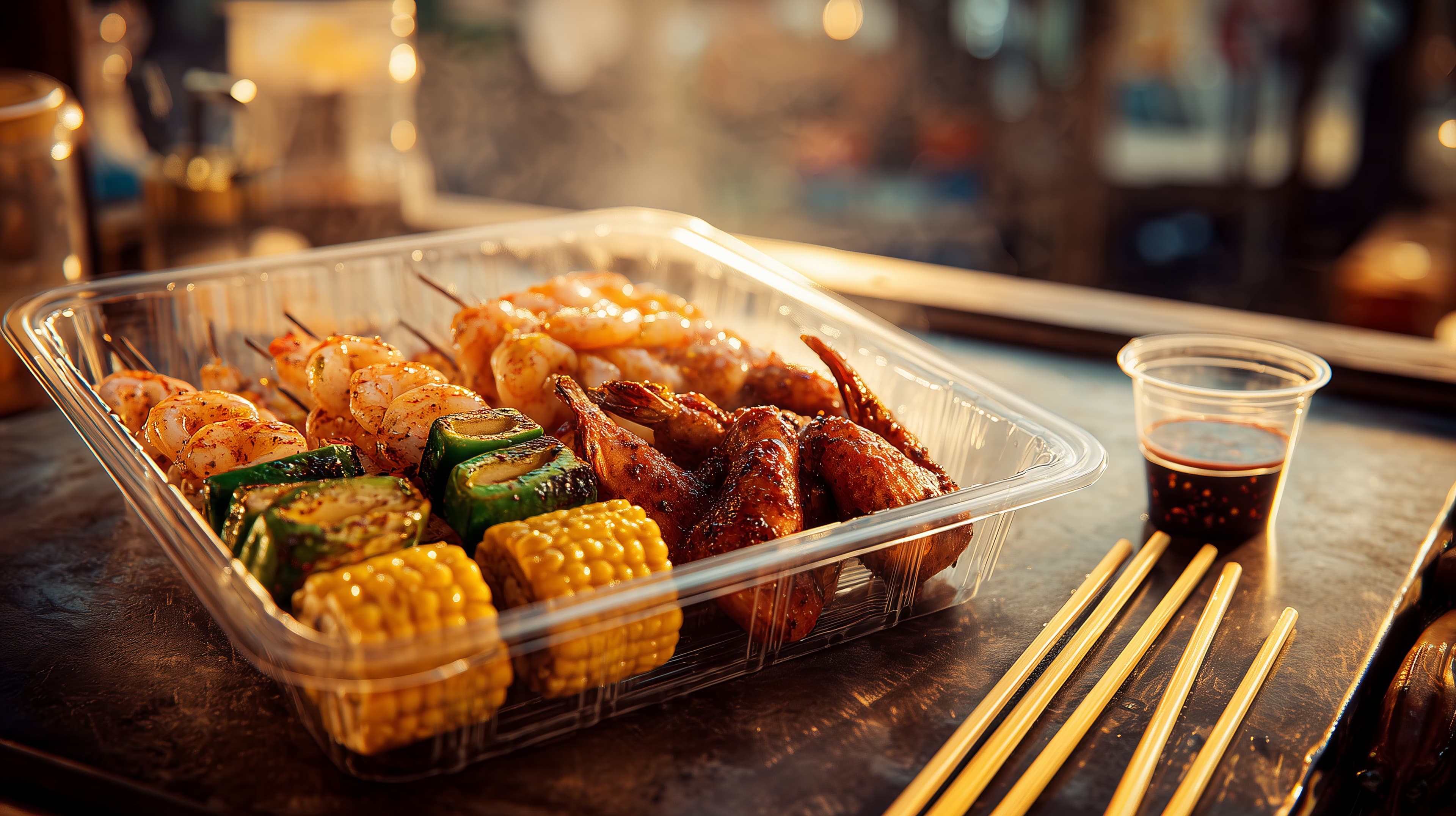 Warm Grilled Skewers and Corn in Clear Takeout Tray - High Resolution grilled-food Wallpaper for Mobile and Desktop