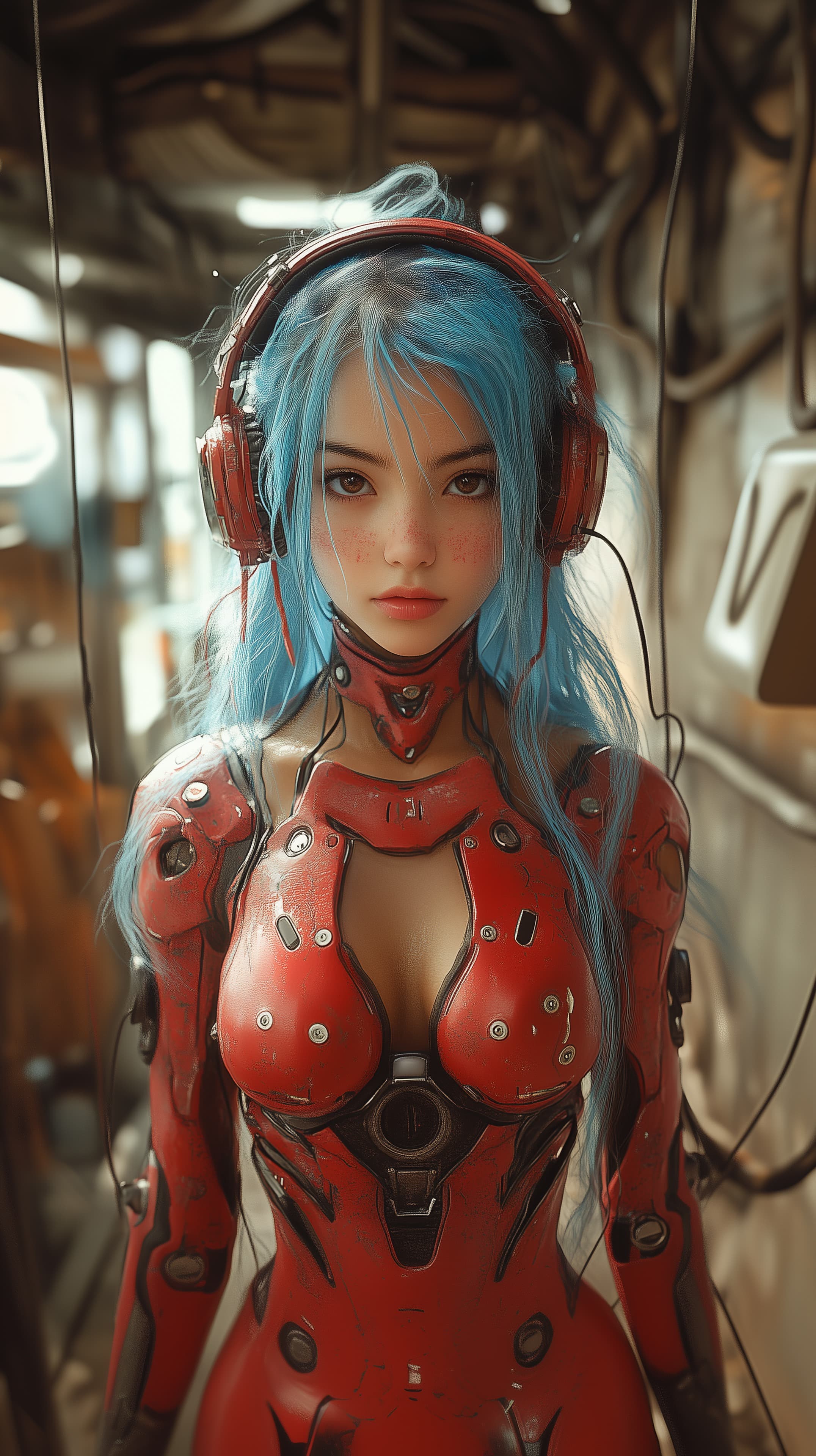 Futuristic Blue-Haired Cyborg in a Red Exosuit with Headphones - High Resolution android Wallpaper for Mobile and Desktop