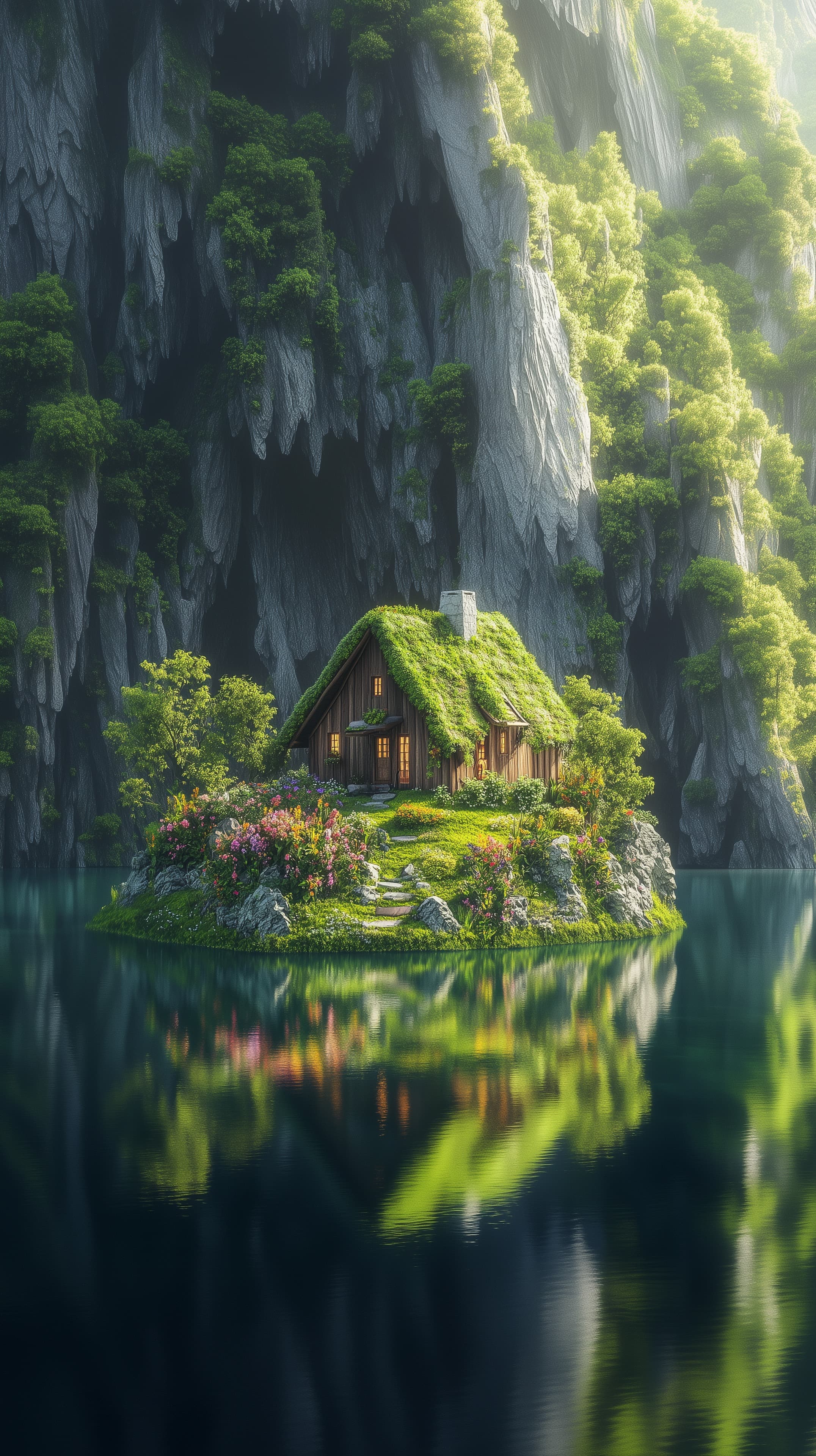 Dreamy green-roofed cottage on a cliffside island paradise - High Resolution cliffside-scenery Wallpaper for Mobile and Desktop