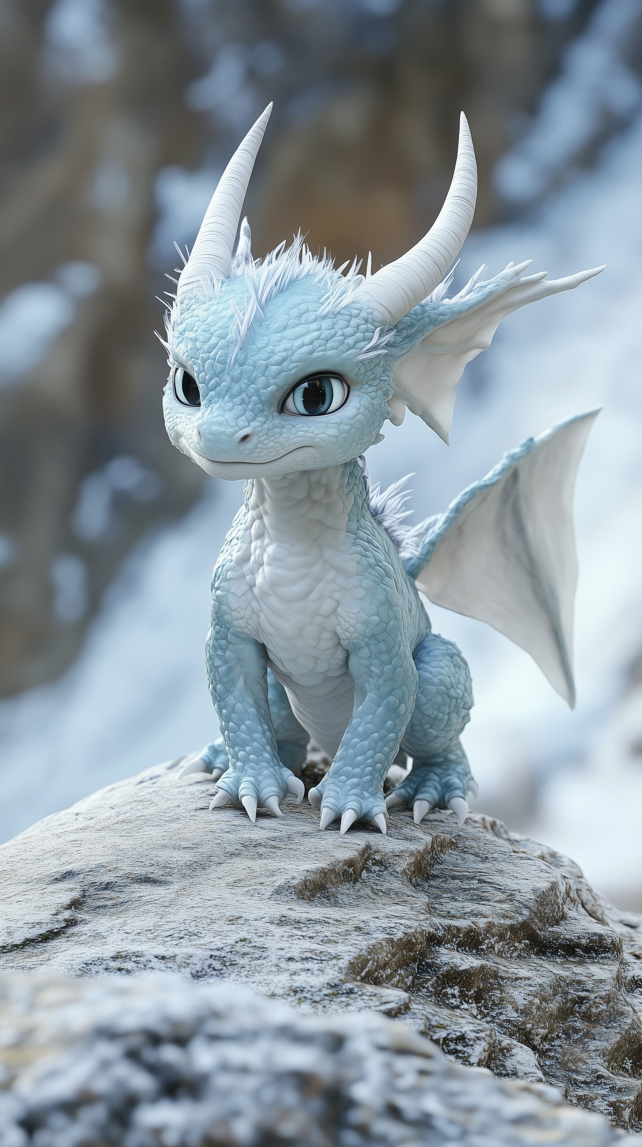Ice Blue Dragon Cub on Snowy Cliff - Fantasy Wallpaper - High Resolution 3d-render Wallpaper for Mobile and Desktop