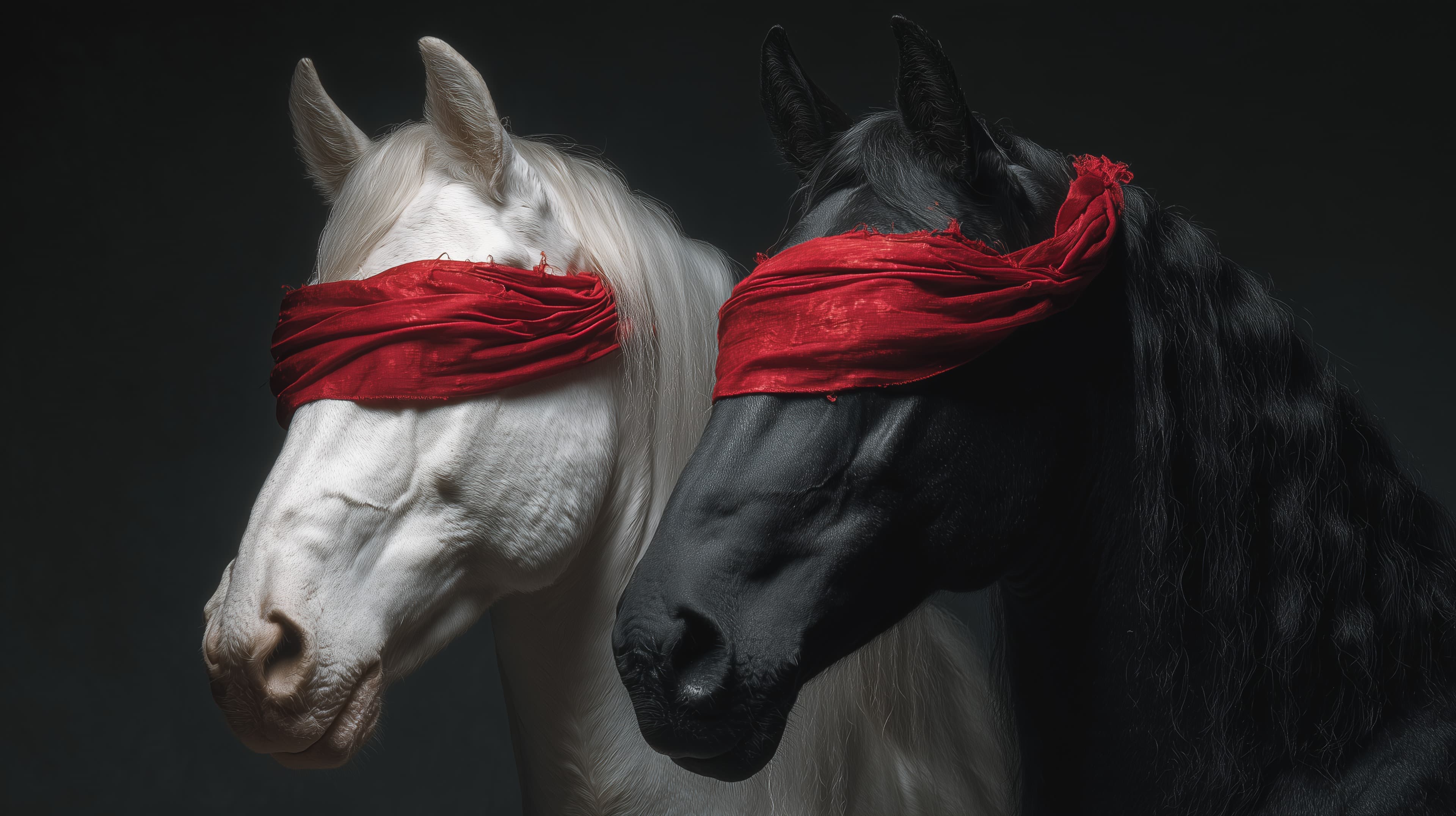 Dramatic White and Black Horses with Red Blindfolds in Studio Lighting - High Resolution horses Wallpaper for Mobile and Desktop