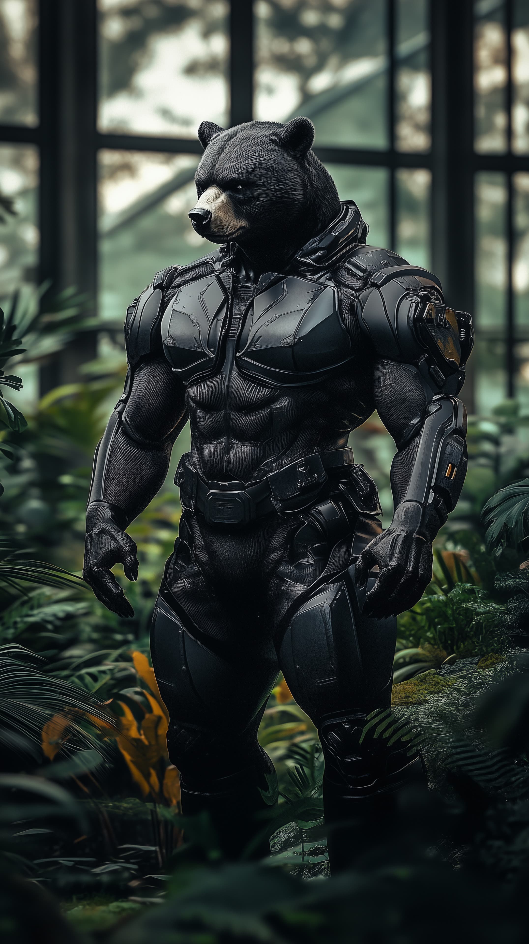 Cybernetic Bear in Tactical Armor Amid a Lush Indoor Jungle Scene - High Resolution anthropomorphic-creature Wallpaper for Mobile and Desktop