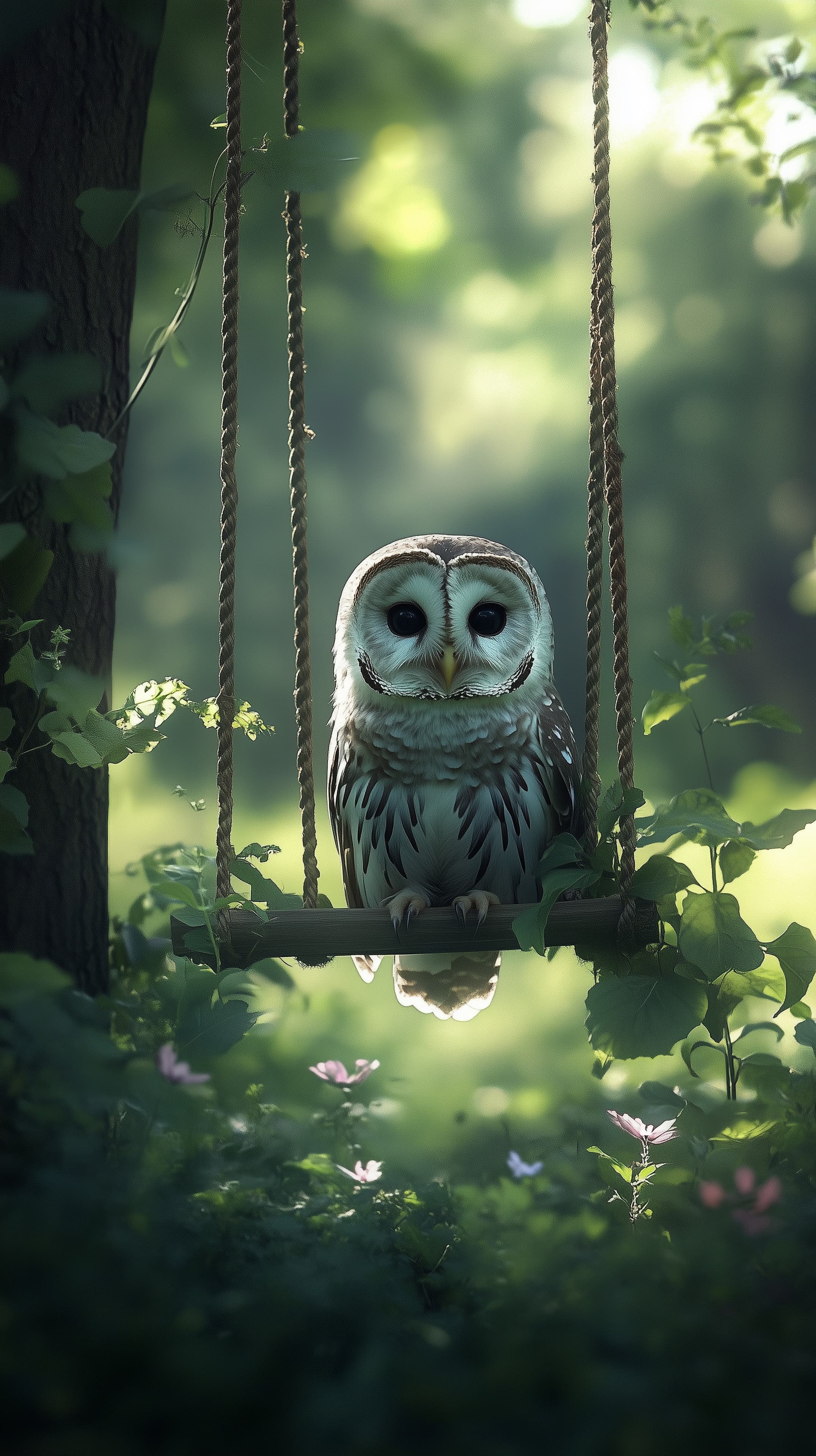 Mystical Owl on a Sunlit Forest Swing - Dreamy Wallpaper - High Resolution bokeh Wallpaper for Mobile and Desktop