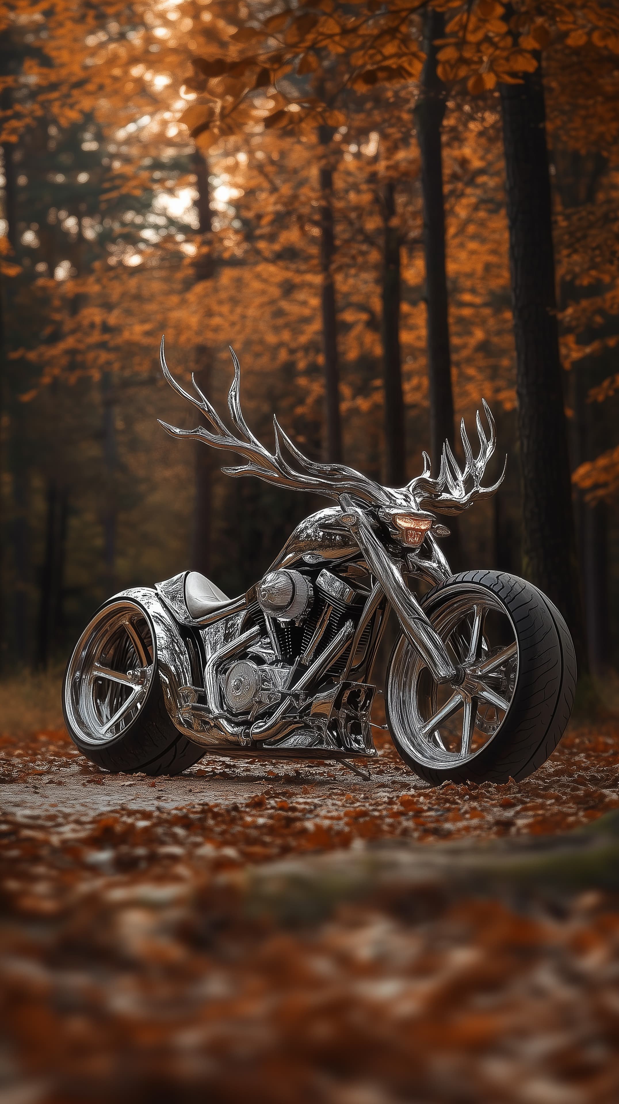 Chrome deer-antler motorcycle in autumn forest at dusk - High Resolution autumn-forest Wallpaper for Mobile and Desktop