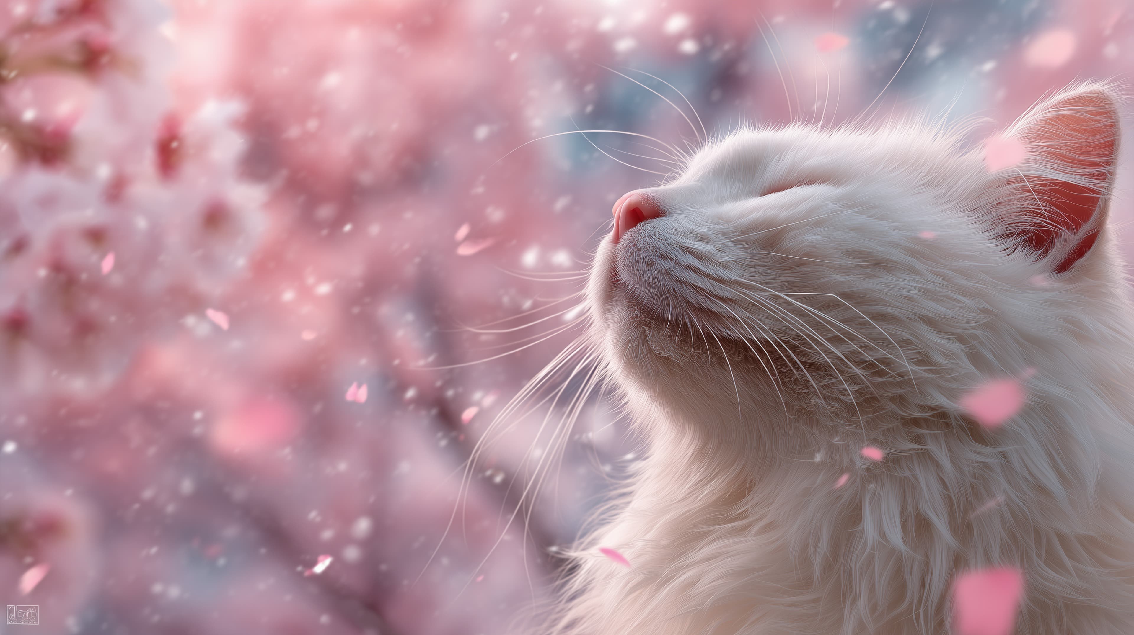 Dreamy Pink Petal Fantasy: Serene White Cat Wallpaper - High Resolution bokeh Wallpaper for Mobile and Desktop