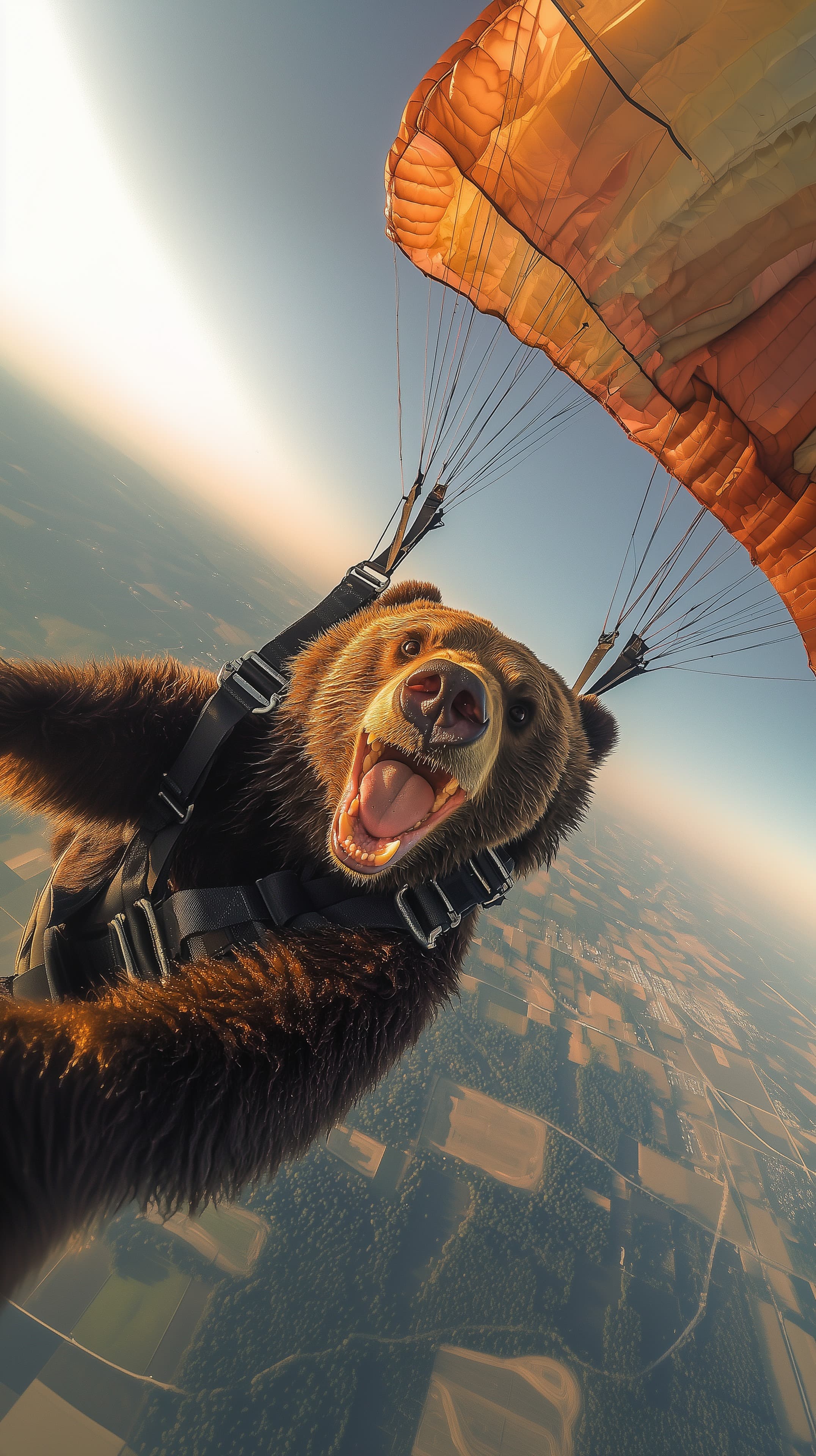 Playful bear paragliding over sunlit countryside aerial adventure - High Resolution adventure Wallpaper for Mobile and Desktop