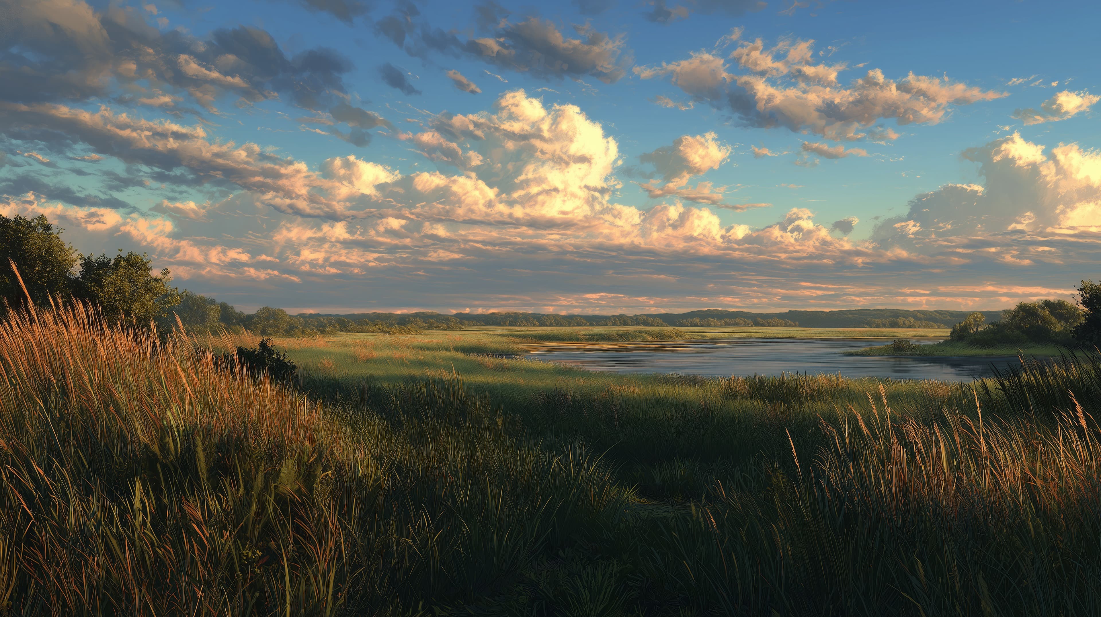 Golden Hour Meadow and Lake Landscape in Warm Sunset Light - High Resolution calm-water Wallpaper for Mobile and Desktop