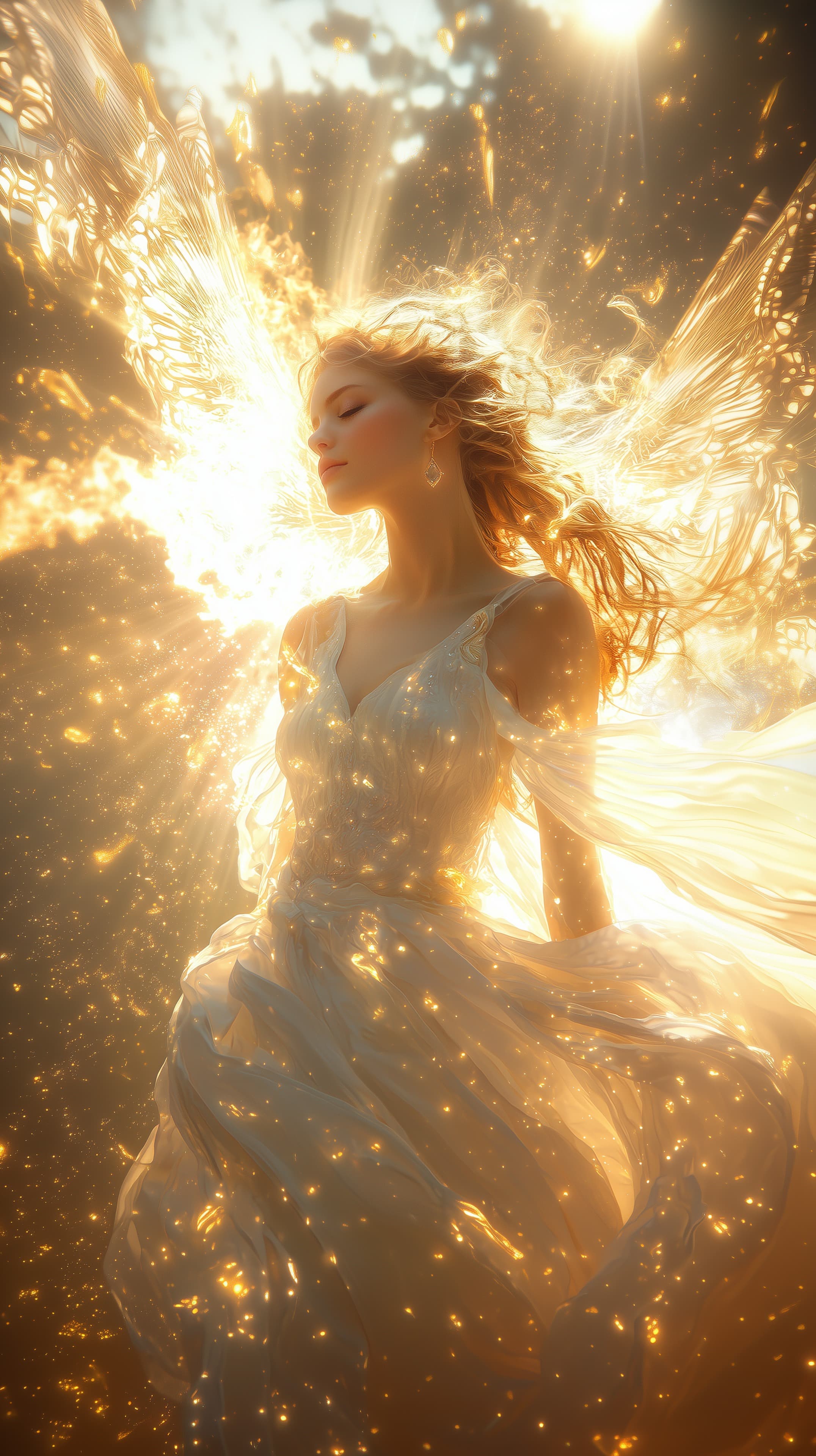 Radiant Angelic Figure with Golden Light Wings - Fantasy Wallpaper - High Resolution angelic Wallpaper for Mobile and Desktop