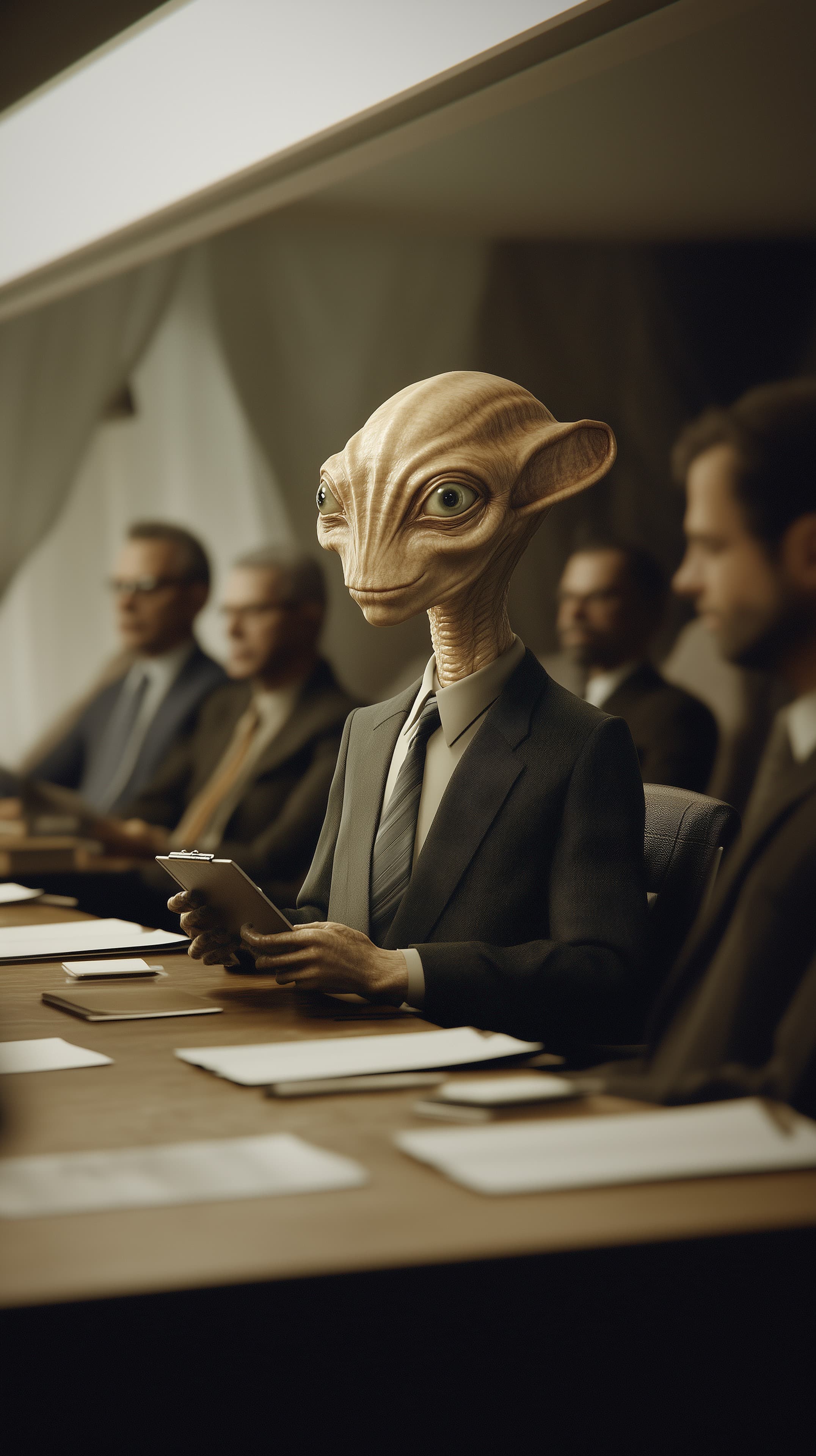Surreal Alien in a Sharp Business Suit at a Formal Meeting - High Resolution alien Wallpaper for Mobile and Desktop