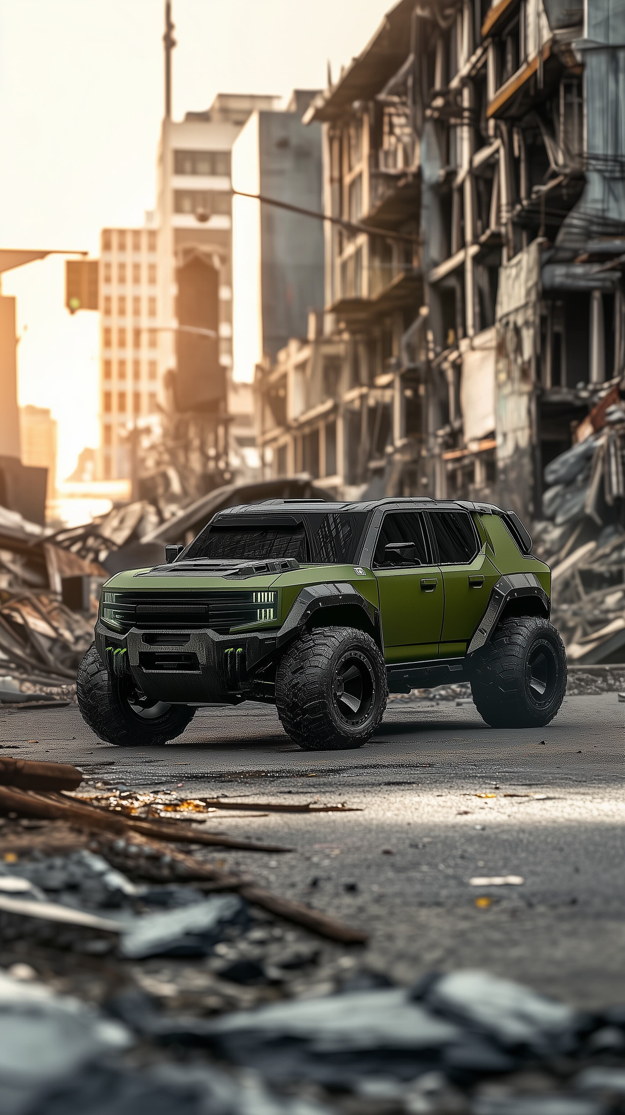 Rugged Green Off-Road SUV in Post-Apocalyptic Cityscape - High Resolution adventure-vehicle Wallpaper for Mobile and Desktop