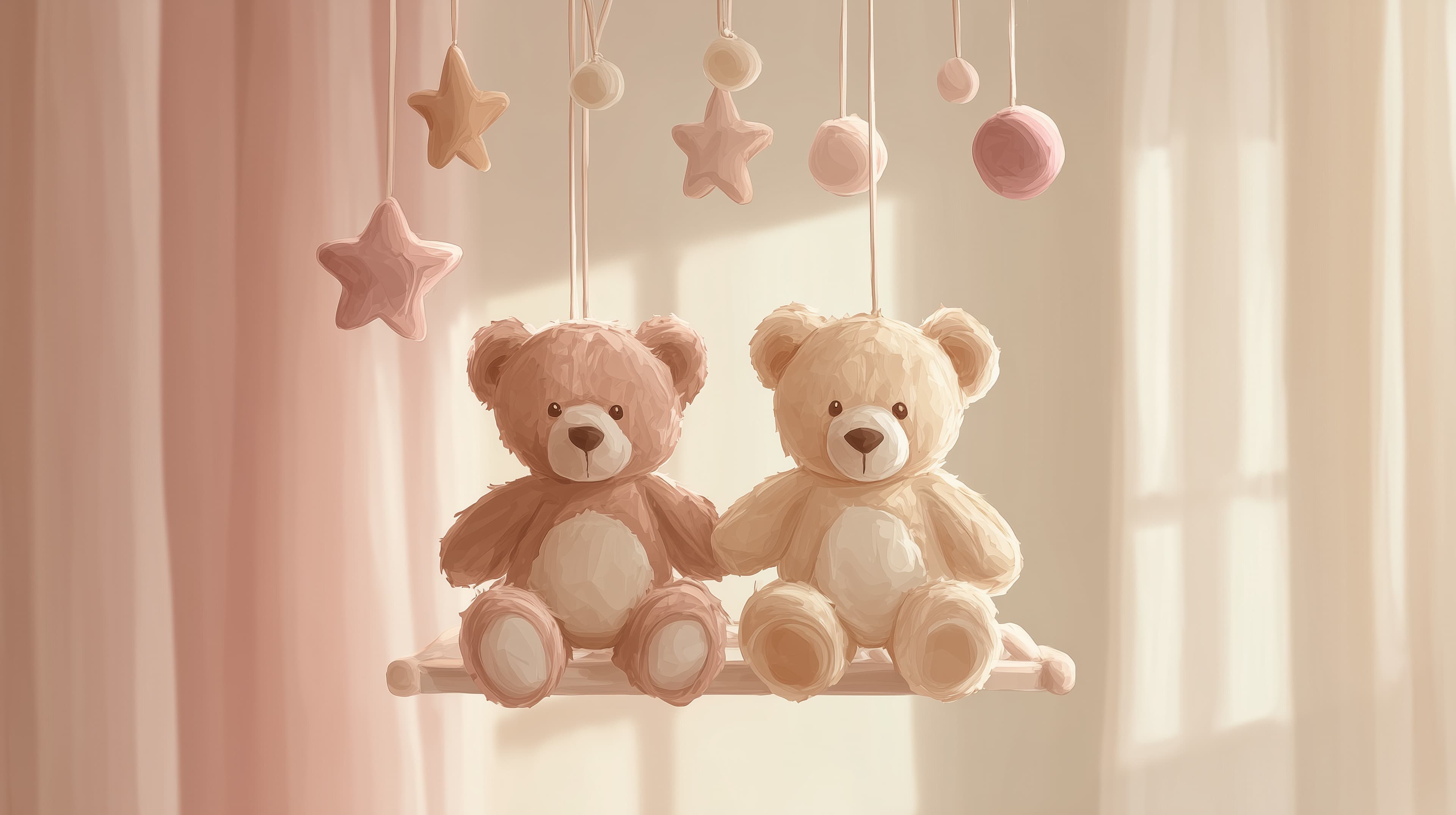 Pastel Teddy Bear Nursery Decor: Soft Hanging Swing Scene - High Resolution baby-room-wallpaper Wallpaper for Mobile and Desktop