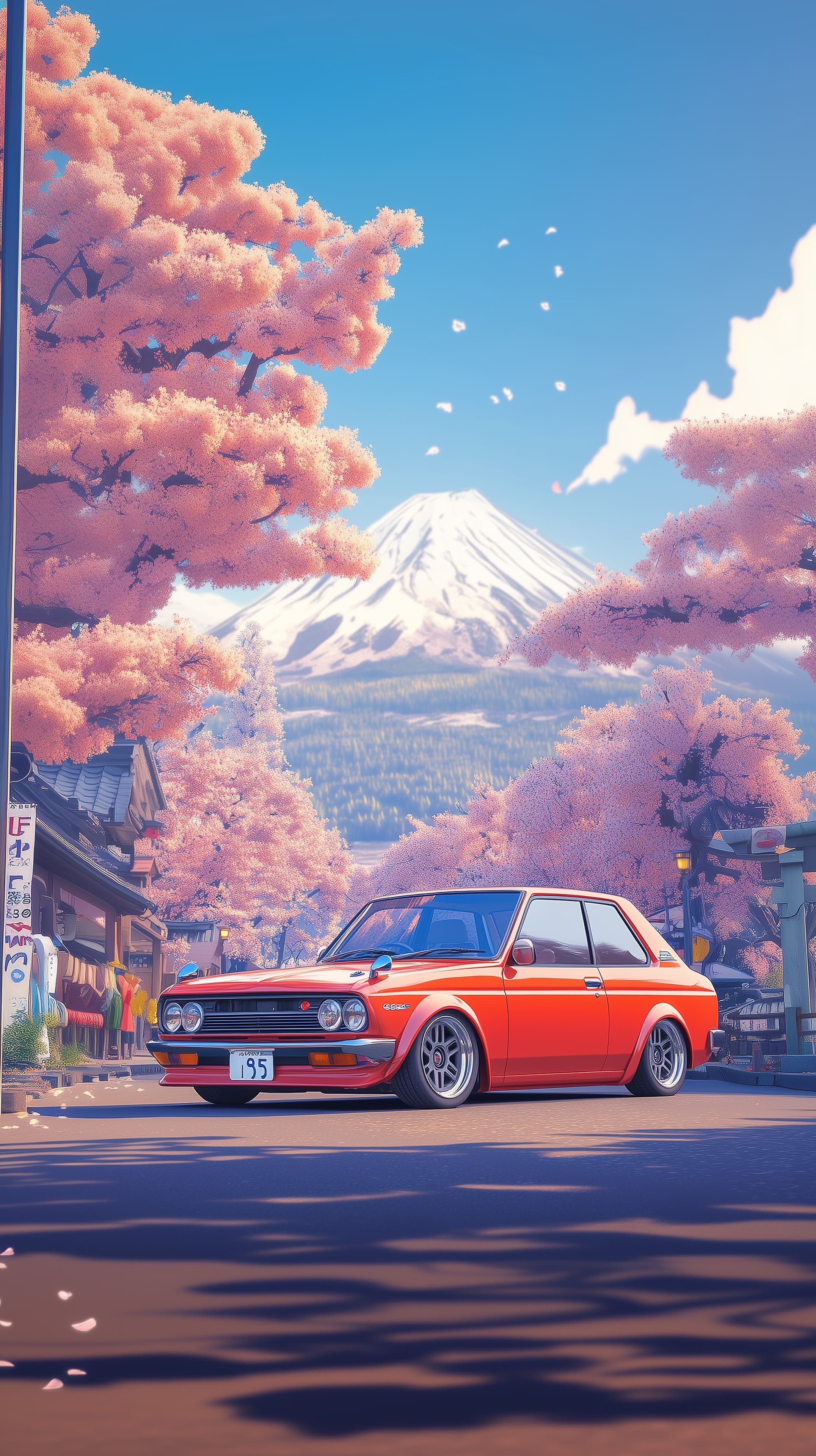 Pastel Sakura Street: Retro Red Car Amid Cherry Blossoms - High Resolution cherry-blossoms Wallpaper for Mobile and Desktop