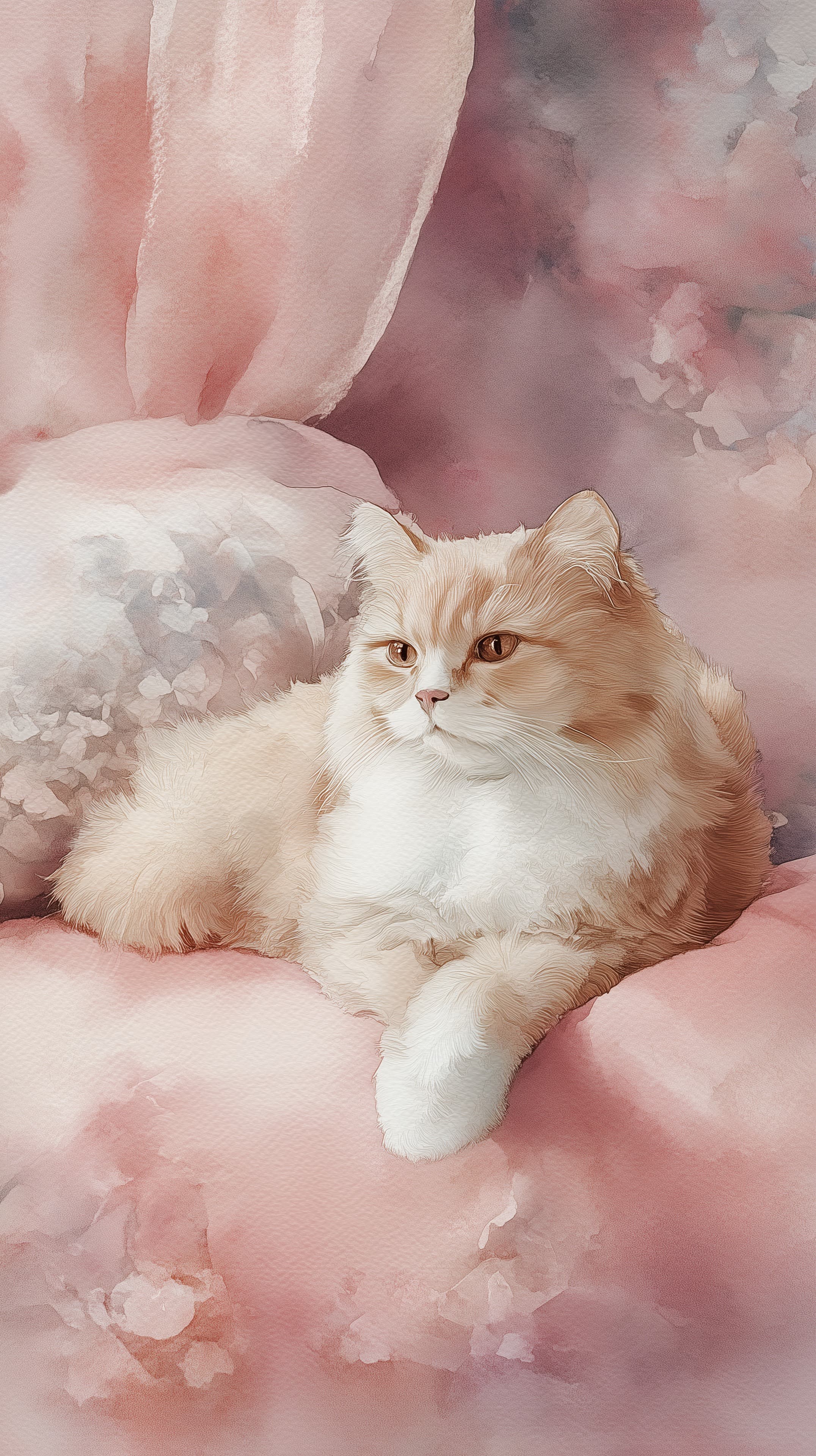 Watercolor Pink Cat Portrait - Soft Cozy Wallpaper - High Resolution cat Wallpaper for Mobile and Desktop
