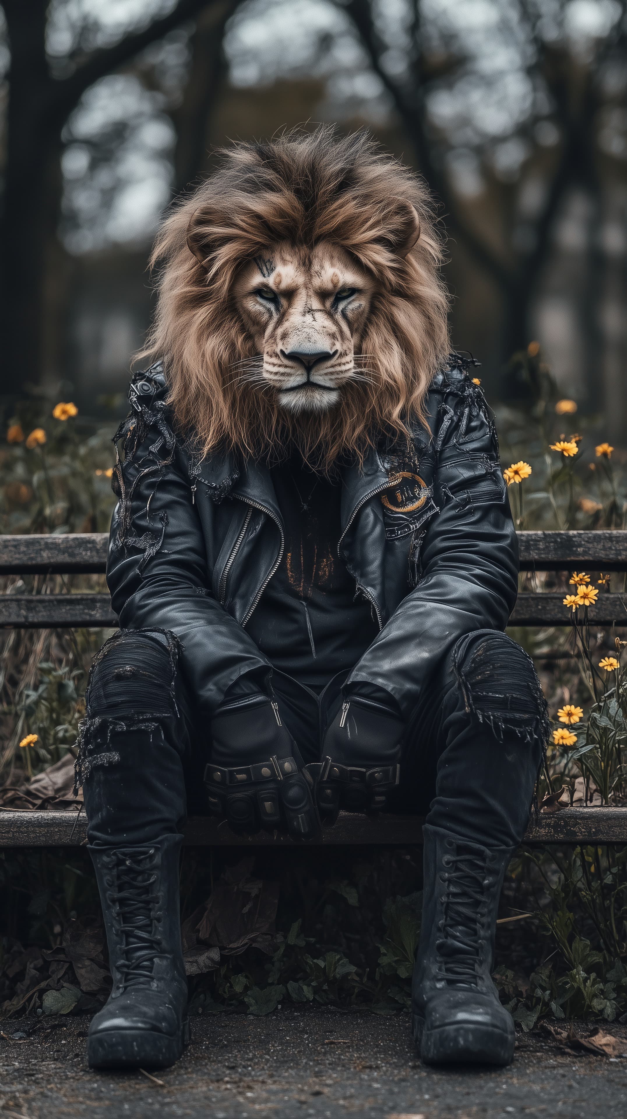 Anthropomorphic Lion in Dark Leather Jacket Seated on Bench - High Resolution anthropomorphic Wallpaper for Mobile and Desktop