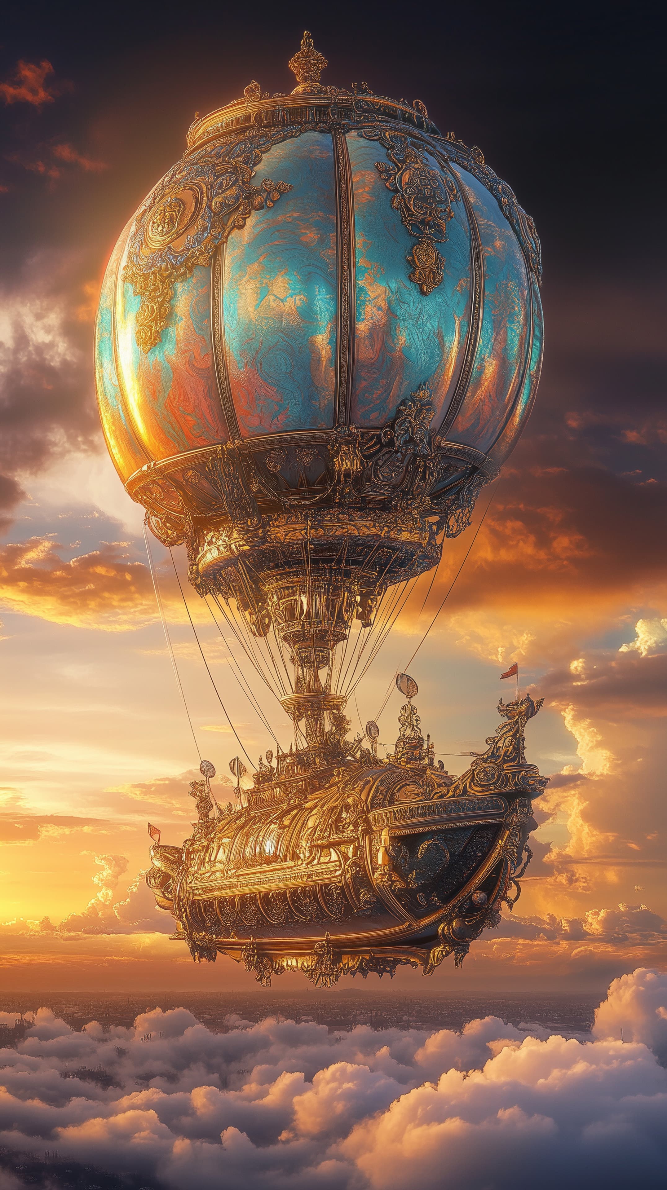 Ornate Fantasy Airship Balloon in Sunset Sky - Steampunk Dream - High Resolution airship Wallpaper for Mobile and Desktop