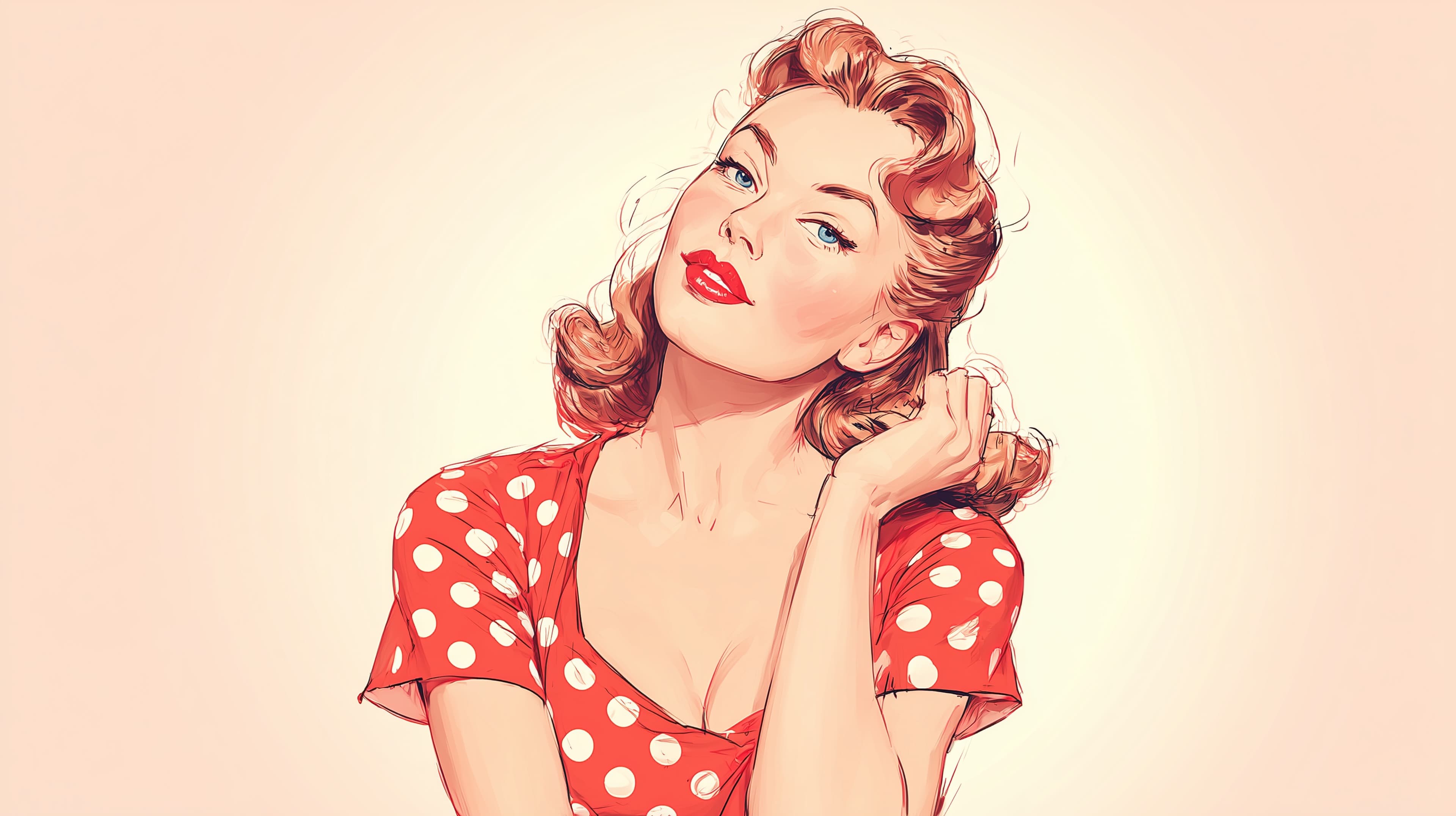 Retro Pin-Up Vintage-Style Portrait in Red Polka Dot Dress - High Resolution classic-fashion Wallpaper for Mobile and Desktop