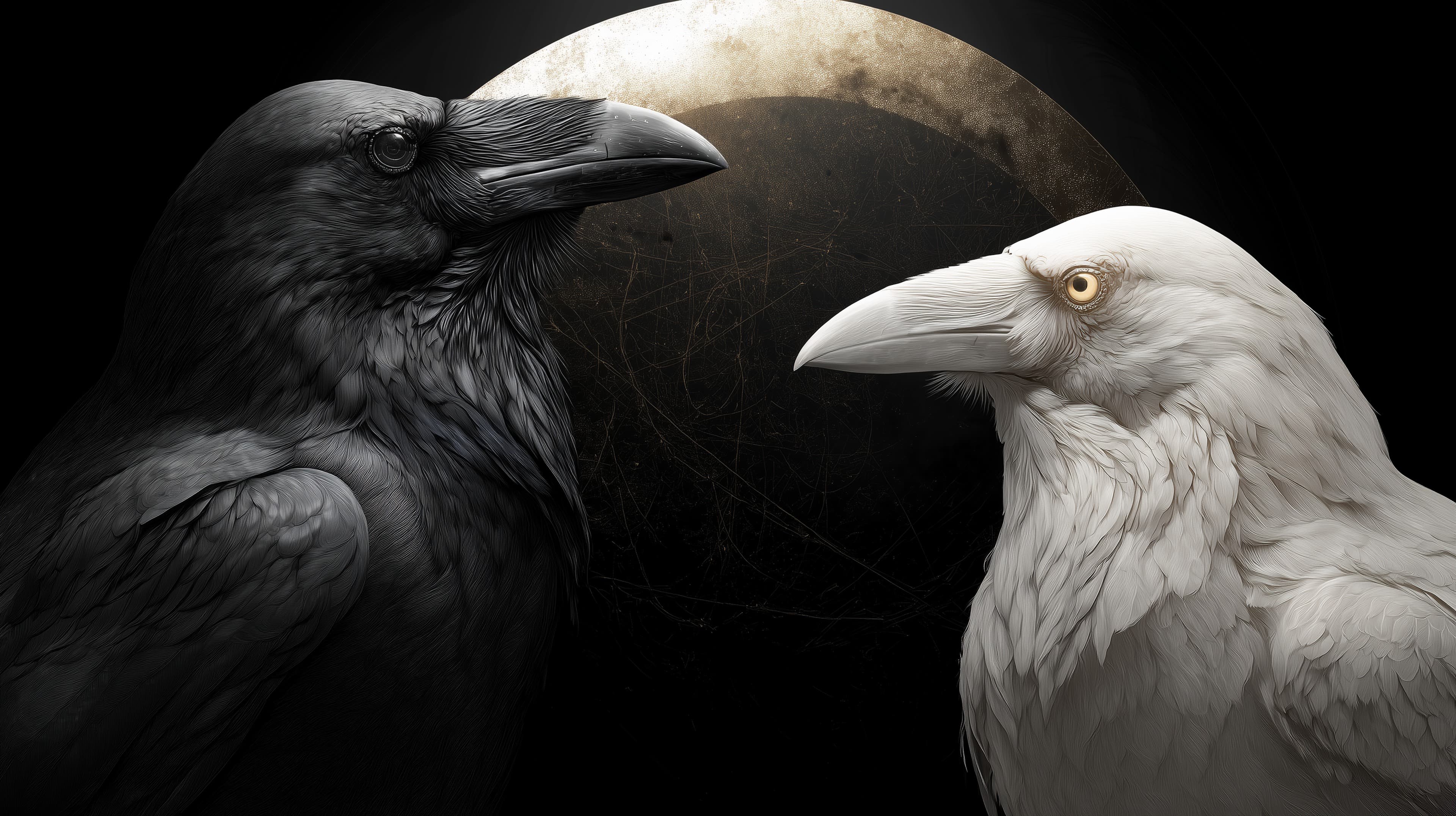 Moonlit Ravens Face Off: Dark vs Light Bird Portrait Wallpaper - High Resolution ravens Wallpaper for Mobile and Desktop