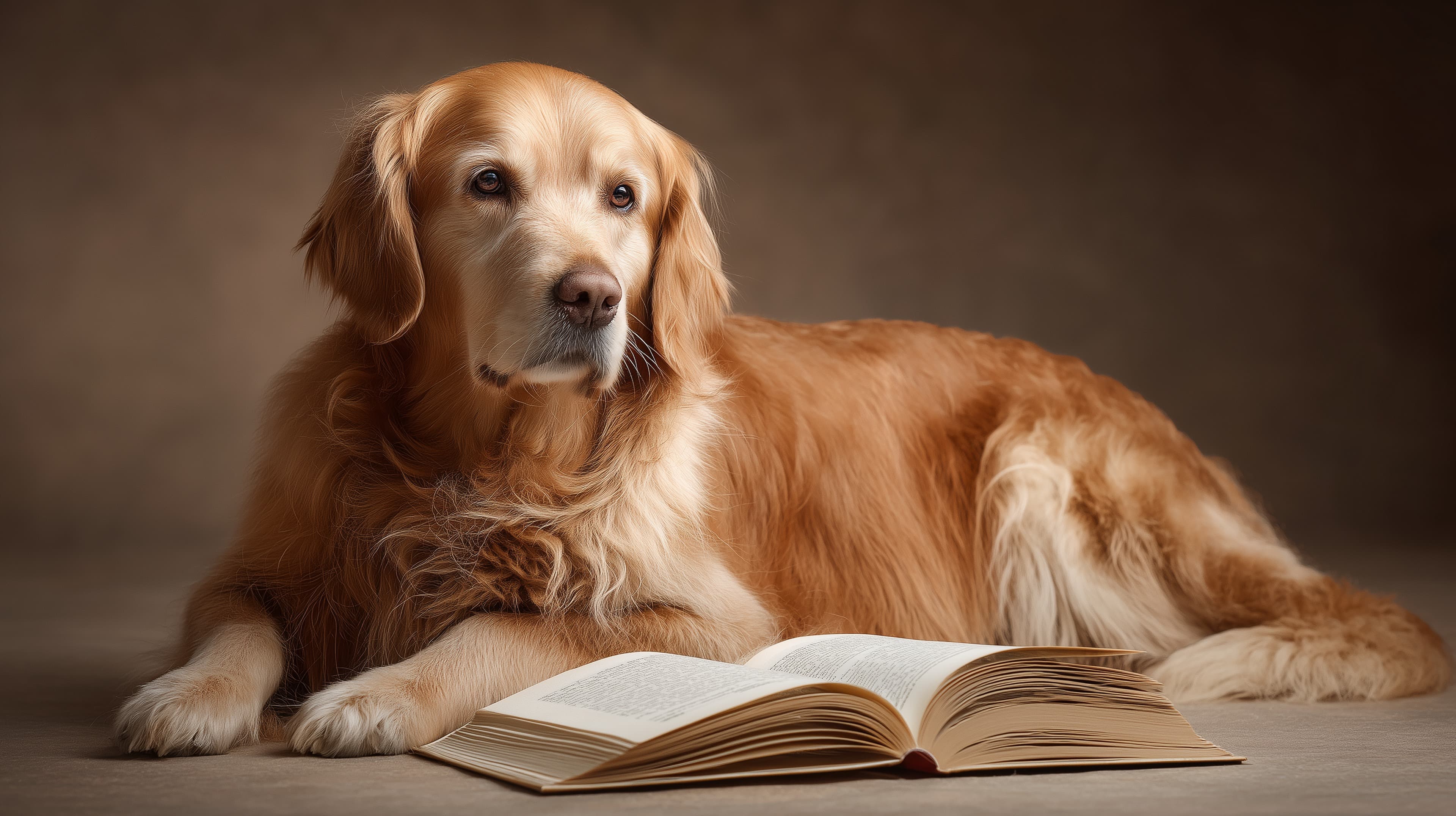 Cozy Golden Retriever Lounging by an Open Book Wallpaper - High Resolution dog-and-book Wallpaper for Mobile and Desktop