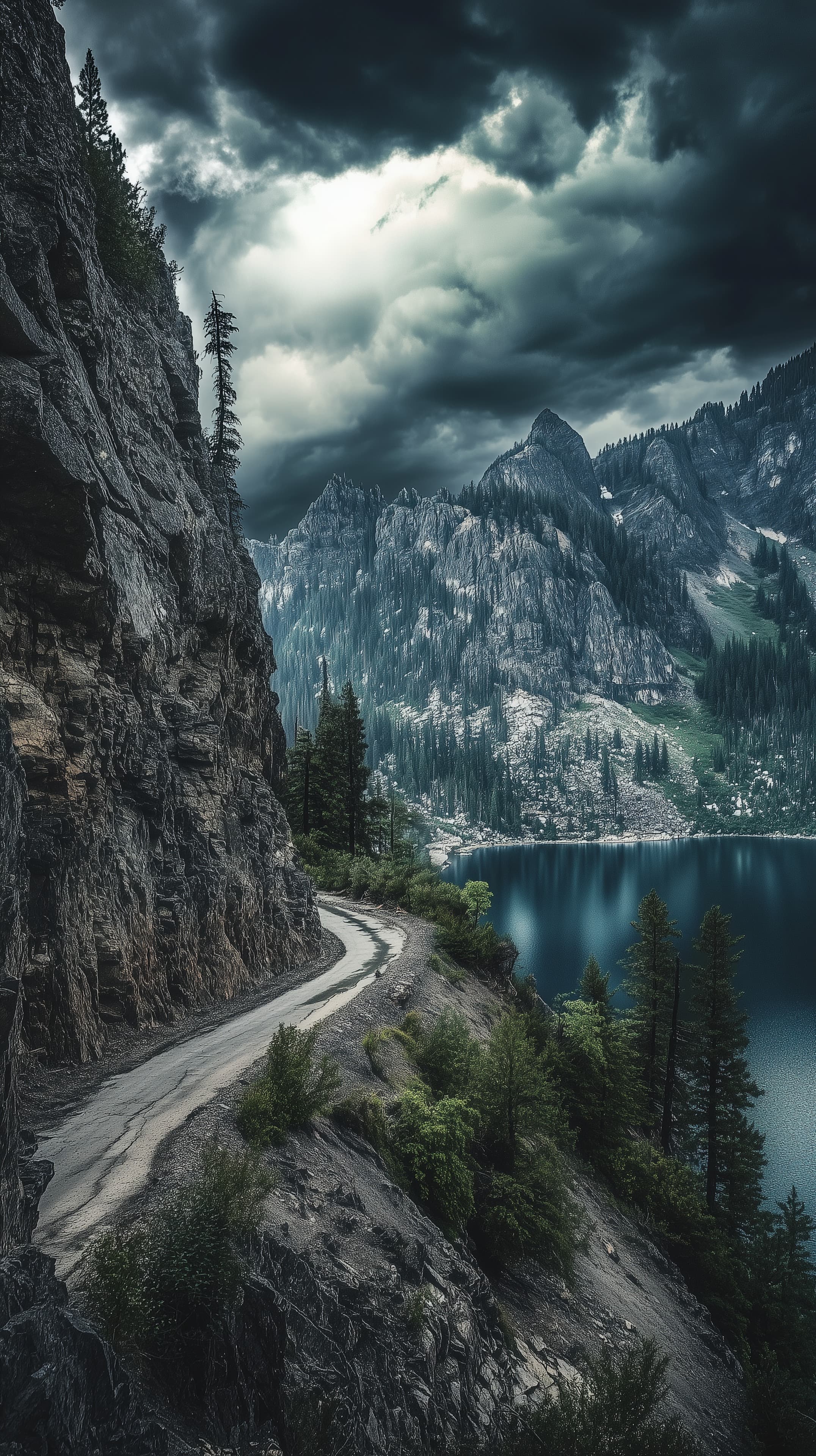 Stormy Mountain Pass: Cliffside Road Beside a Tranquil Lake - High Resolution alpine-landscape Wallpaper for Mobile and Desktop