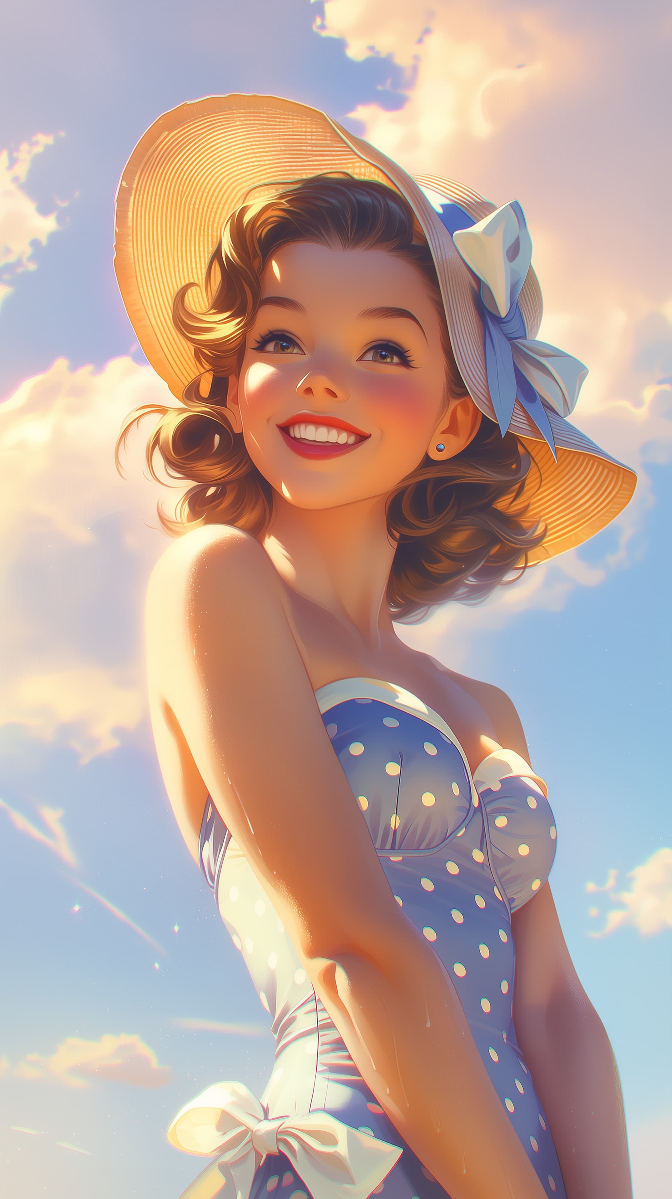 Sunlit Pinup Portrait in Polka Dot Swimsuit with Wide Hat - High Resolution blue-sky Wallpaper for Mobile and Desktop