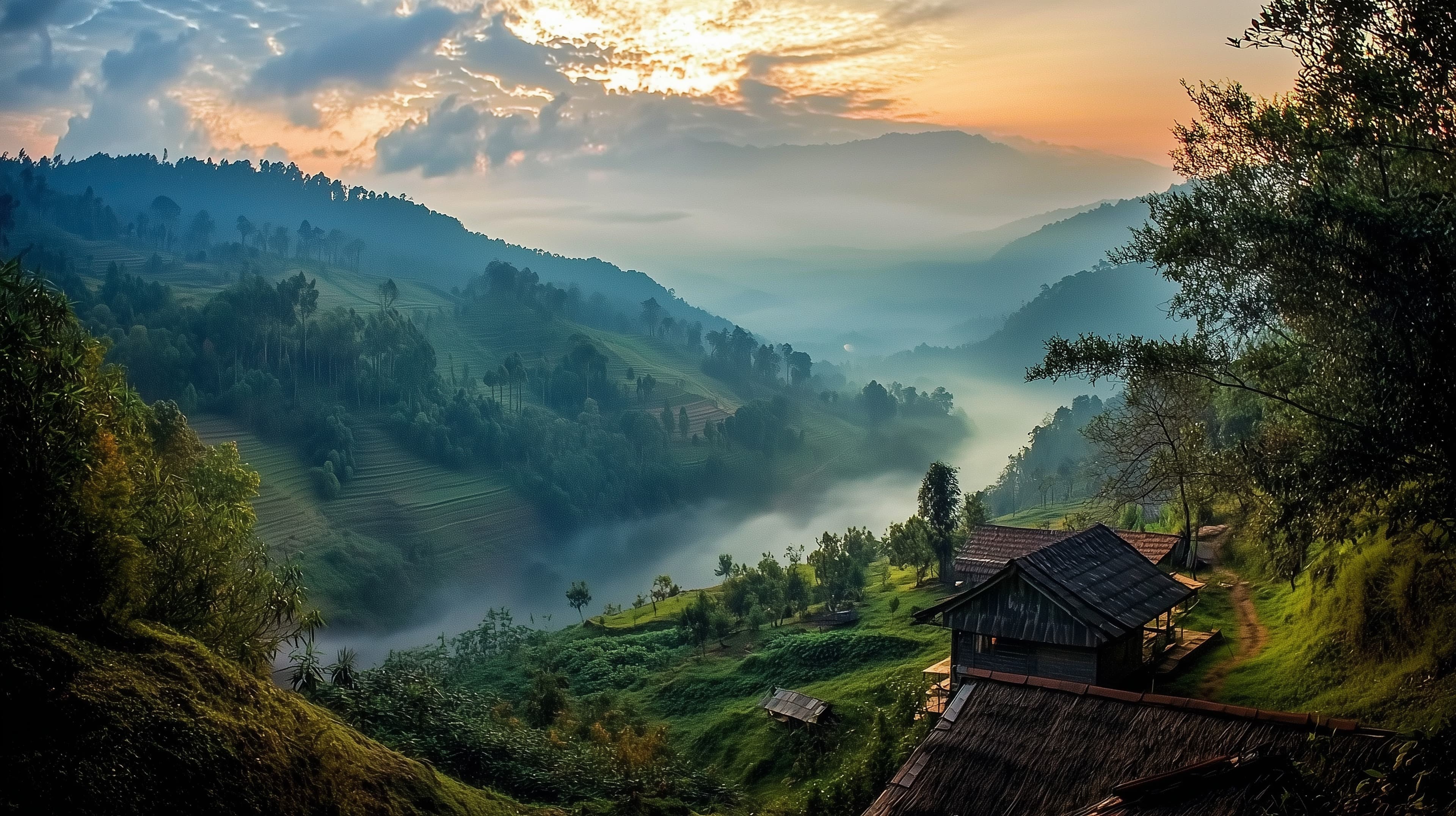 Sunrise Over Misty Mountain Valley with Terraced Farmland - High Resolution misty-valley Wallpaper for Mobile and Desktop