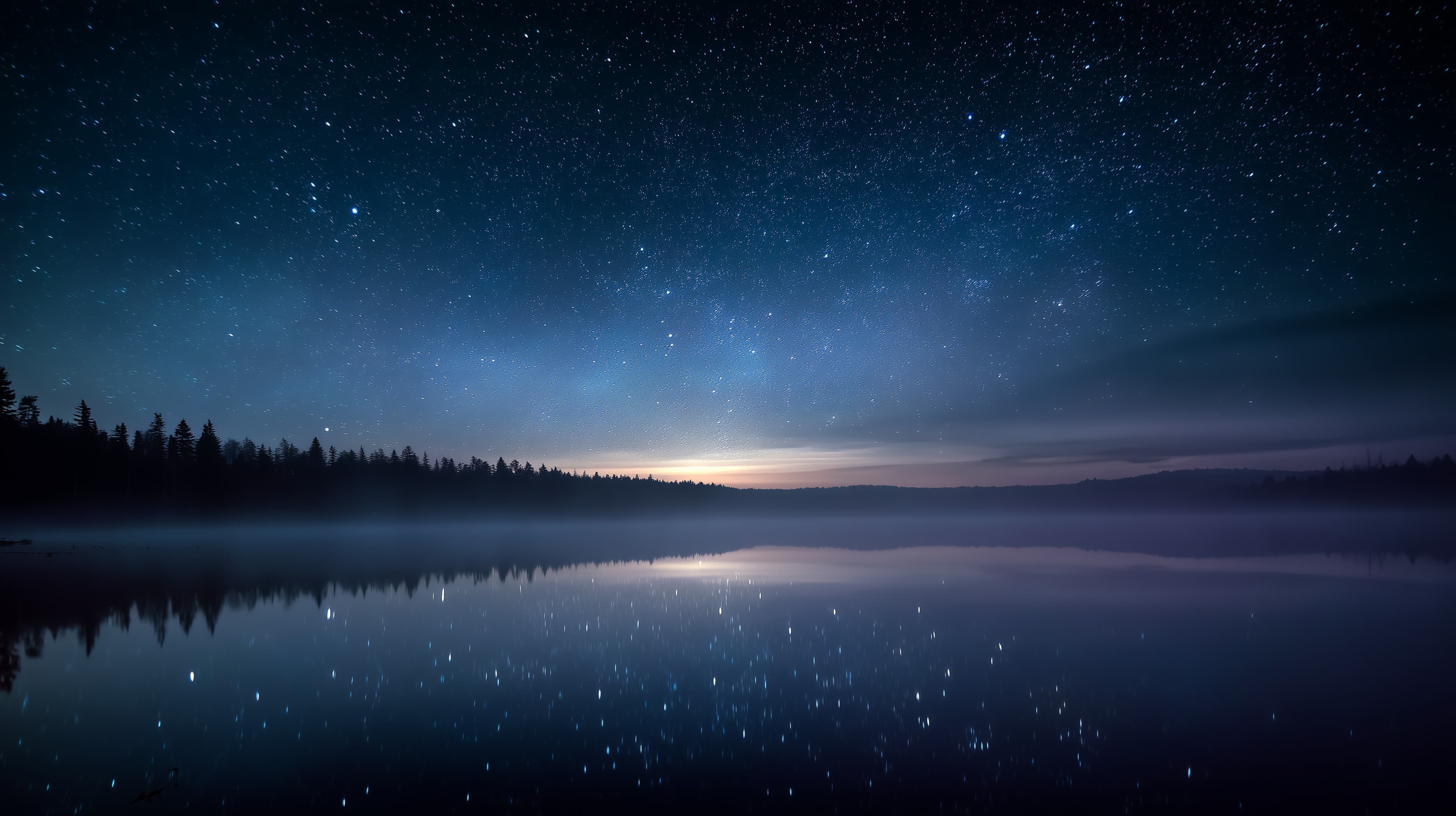 Starlit Night Lake Landscape with Reflective Water and Silhouette Trees - High Resolution calm-water Wallpaper for Mobile and Desktop