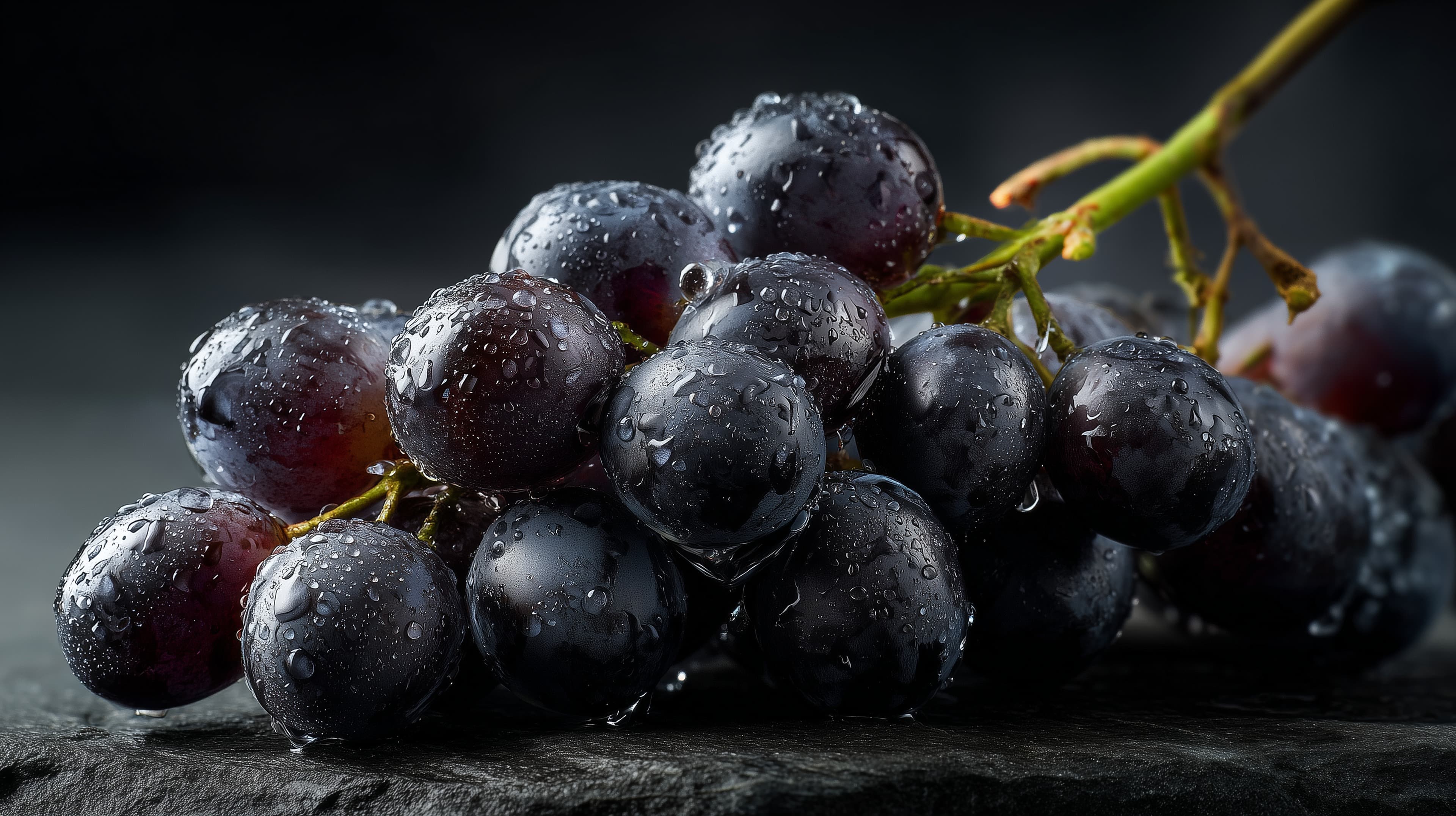 Dark Blue Grapes Macro Wallpaper with Water Droplets - High Resolution grape-cluster Wallpaper for Mobile and Desktop