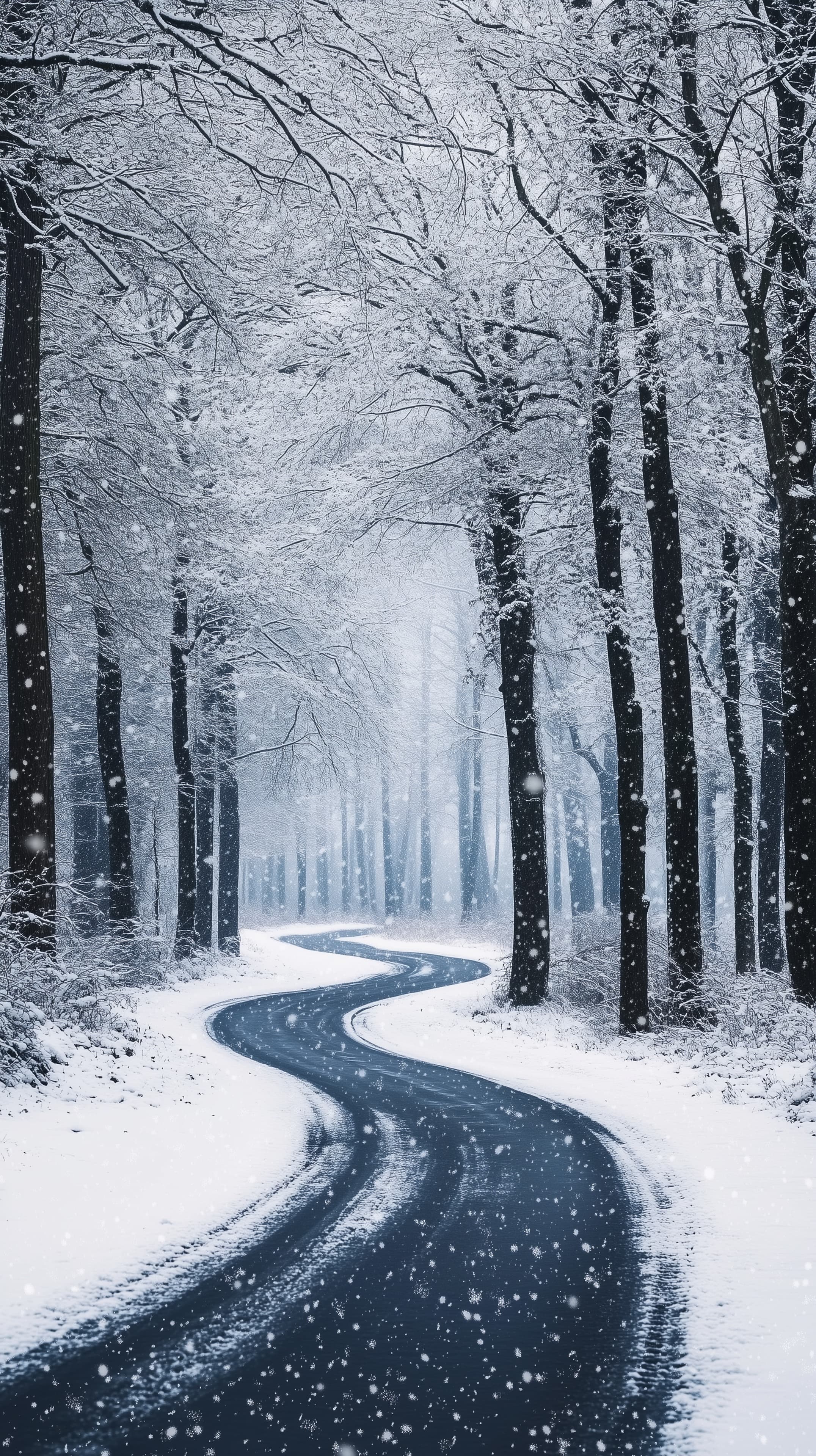 Winter Forest Path Wallpaper: Snowy Trees and Winding Road - High Resolution calm Wallpaper for Mobile and Desktop