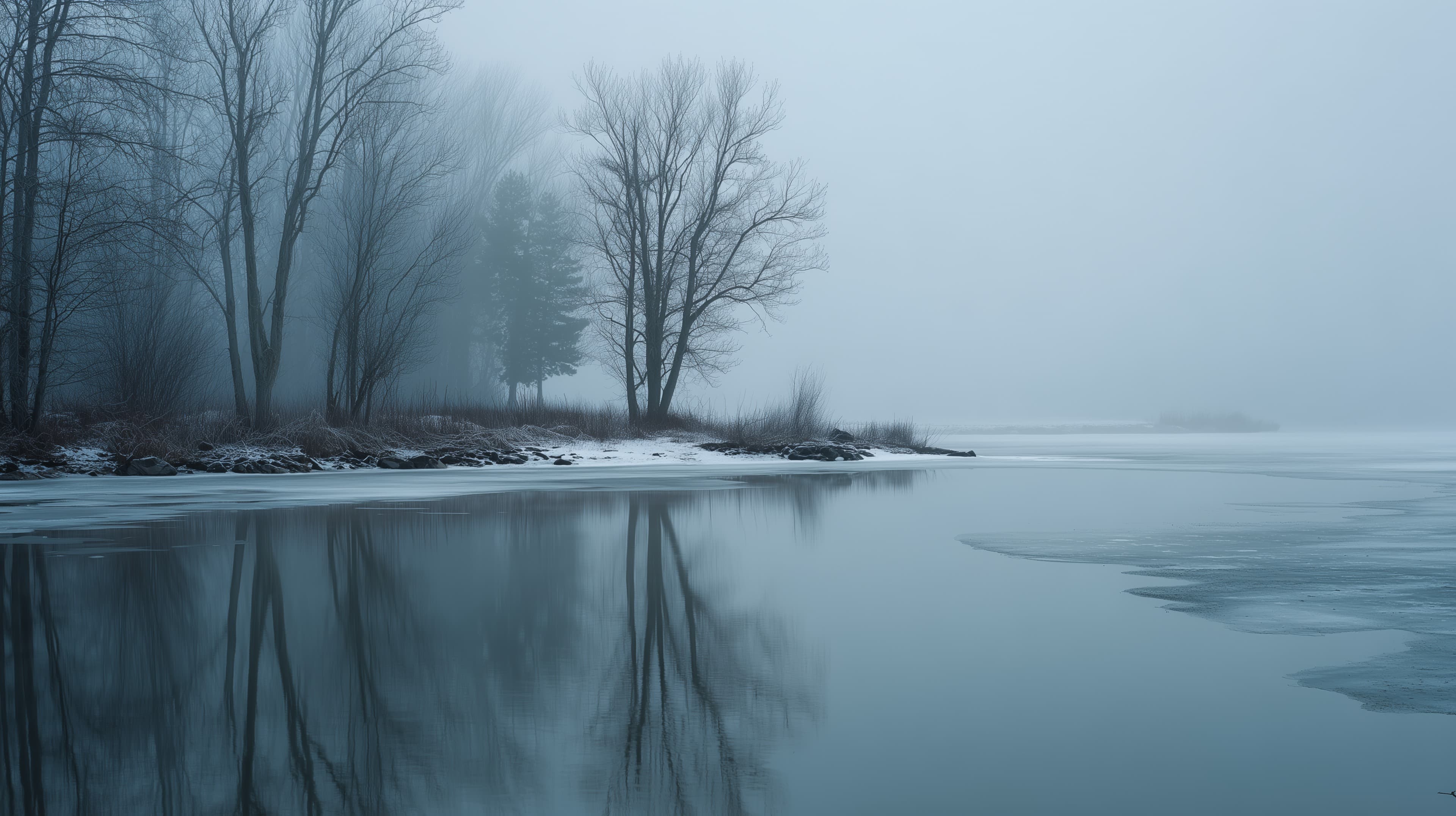Misty Winter Lake with Reflections and Bare Trees at Dawn - High Resolution bare-trees Wallpaper for Mobile and Desktop