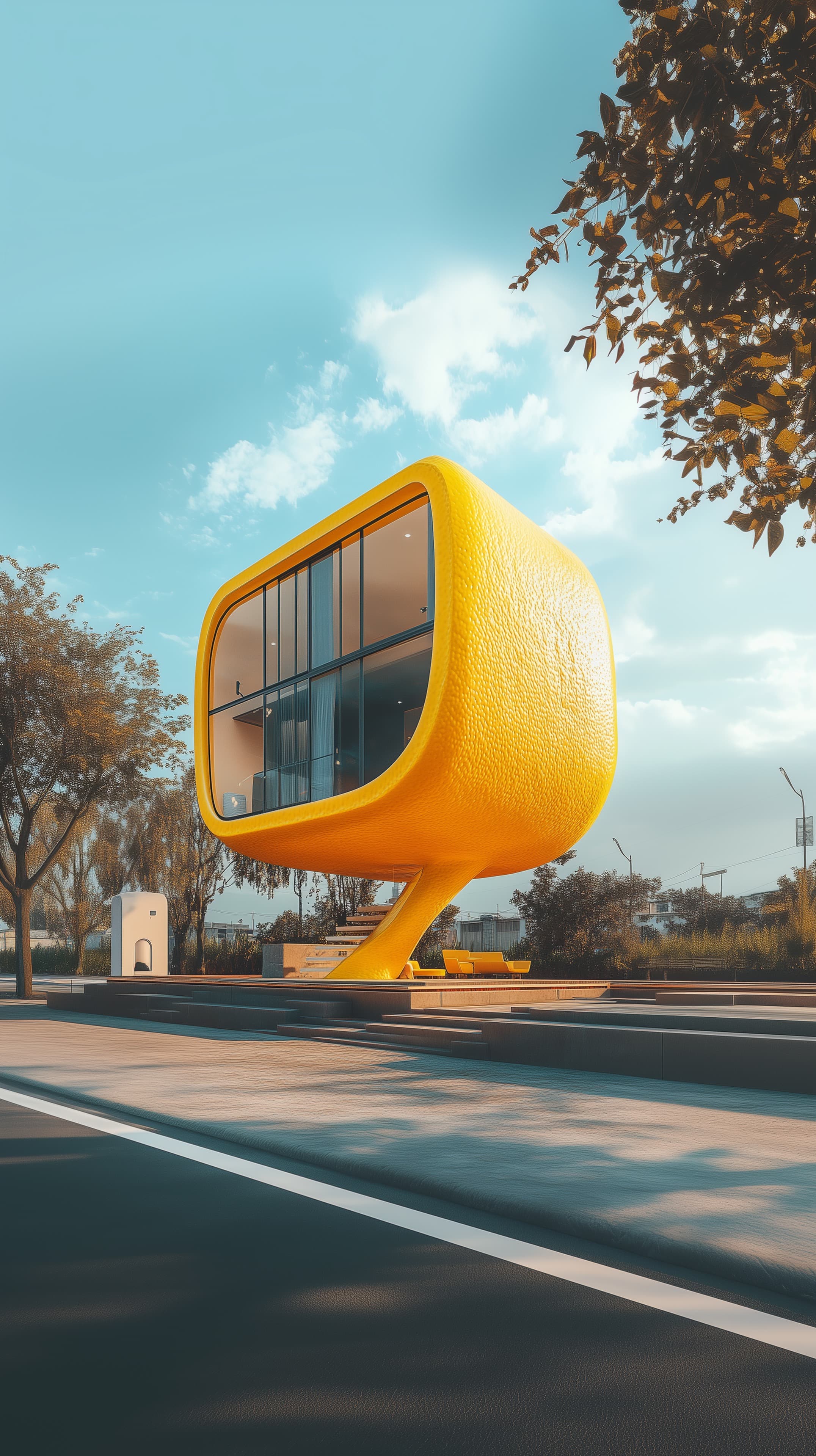 Sunny Yellow Capsule Pavilion: Futuristic Urban Architecture - High Resolution architectural-visualization Wallpaper for Mobile and Desktop