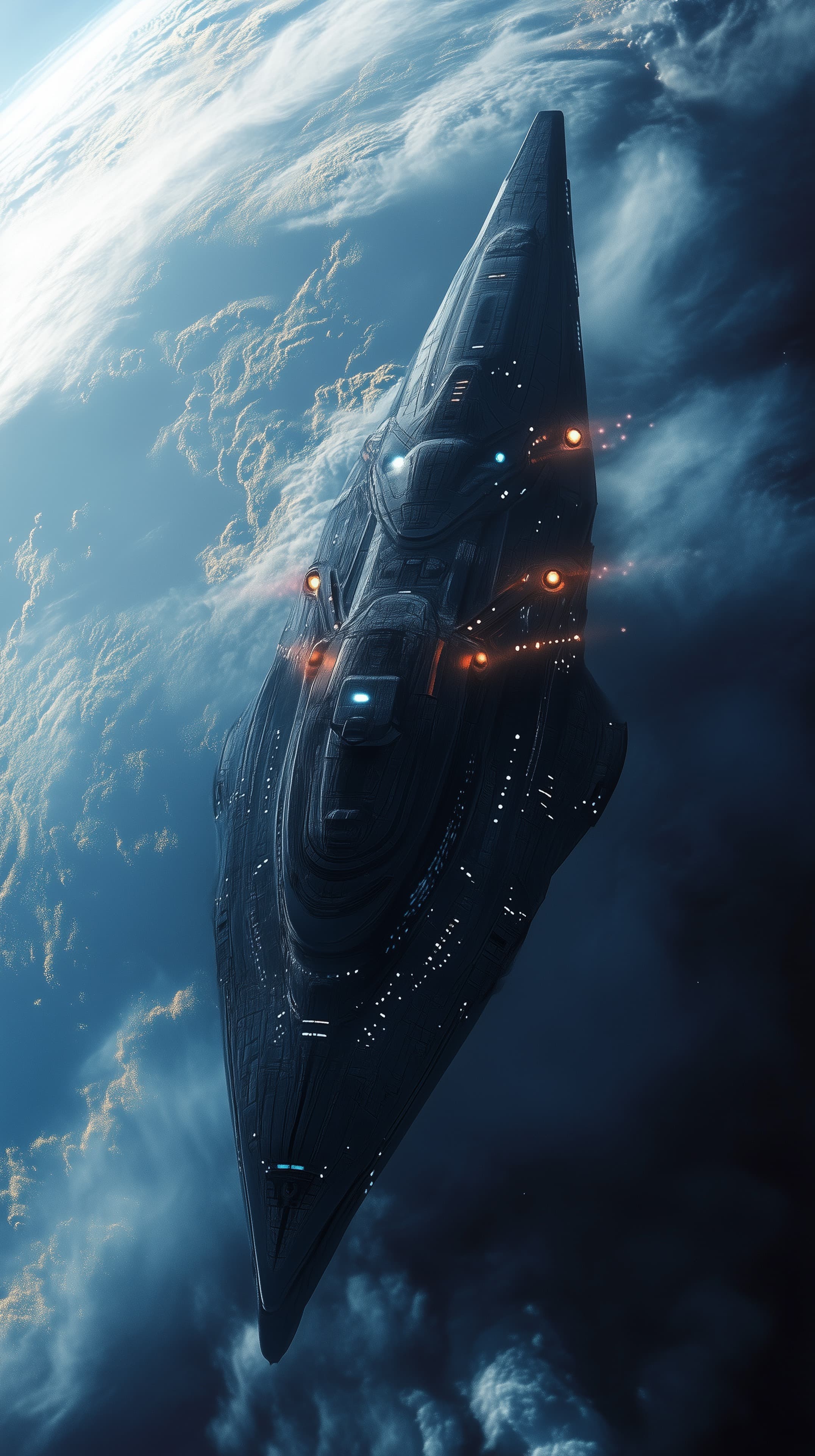 Futuristic Space Cruiser Over a Blue Planet – Sci-Fi Wallpaper - High Resolution blue Wallpaper for Mobile and Desktop