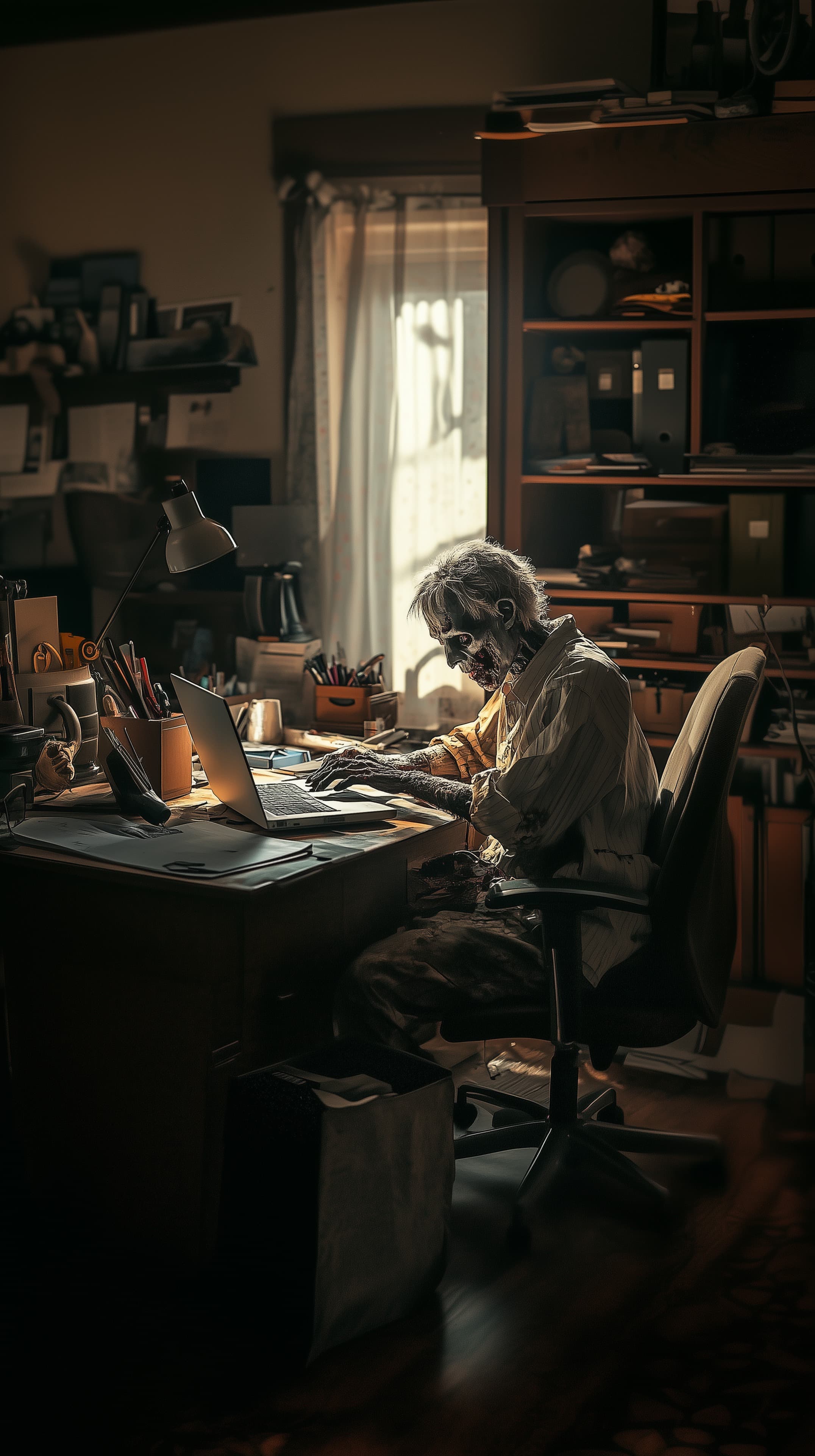 Moody undead at a cluttered desk in a dim home office - High Resolution cluttered-desk Wallpaper for Mobile and Desktop