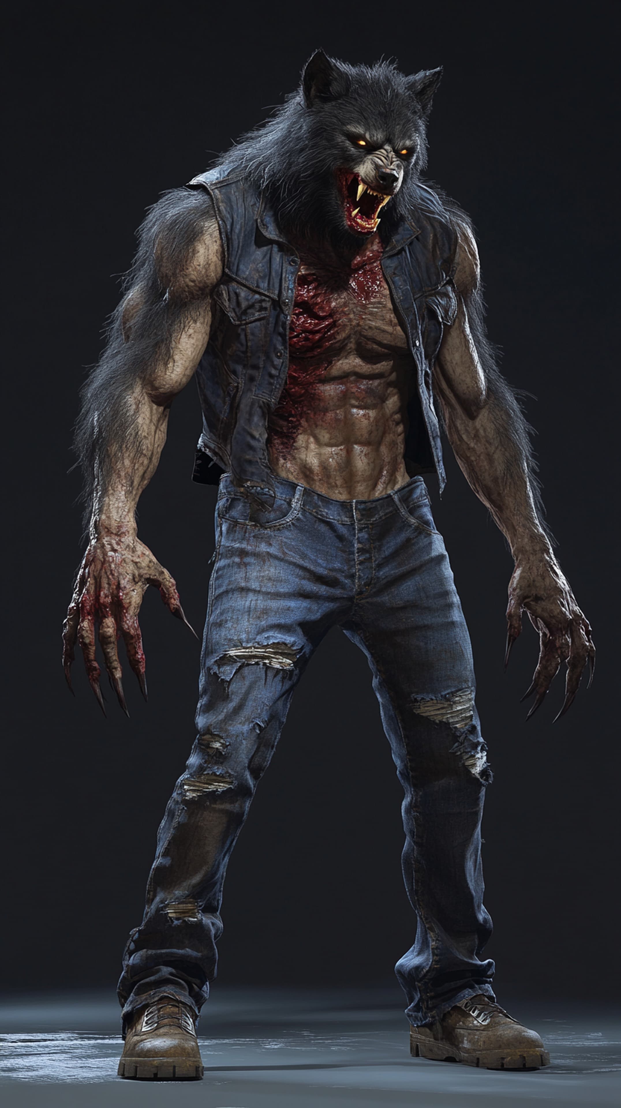 Dark Werewolf in Forest Night - Fiery Eyes Horror Wallpaper - High Resolution werewolf Wallpaper for Mobile and Desktop