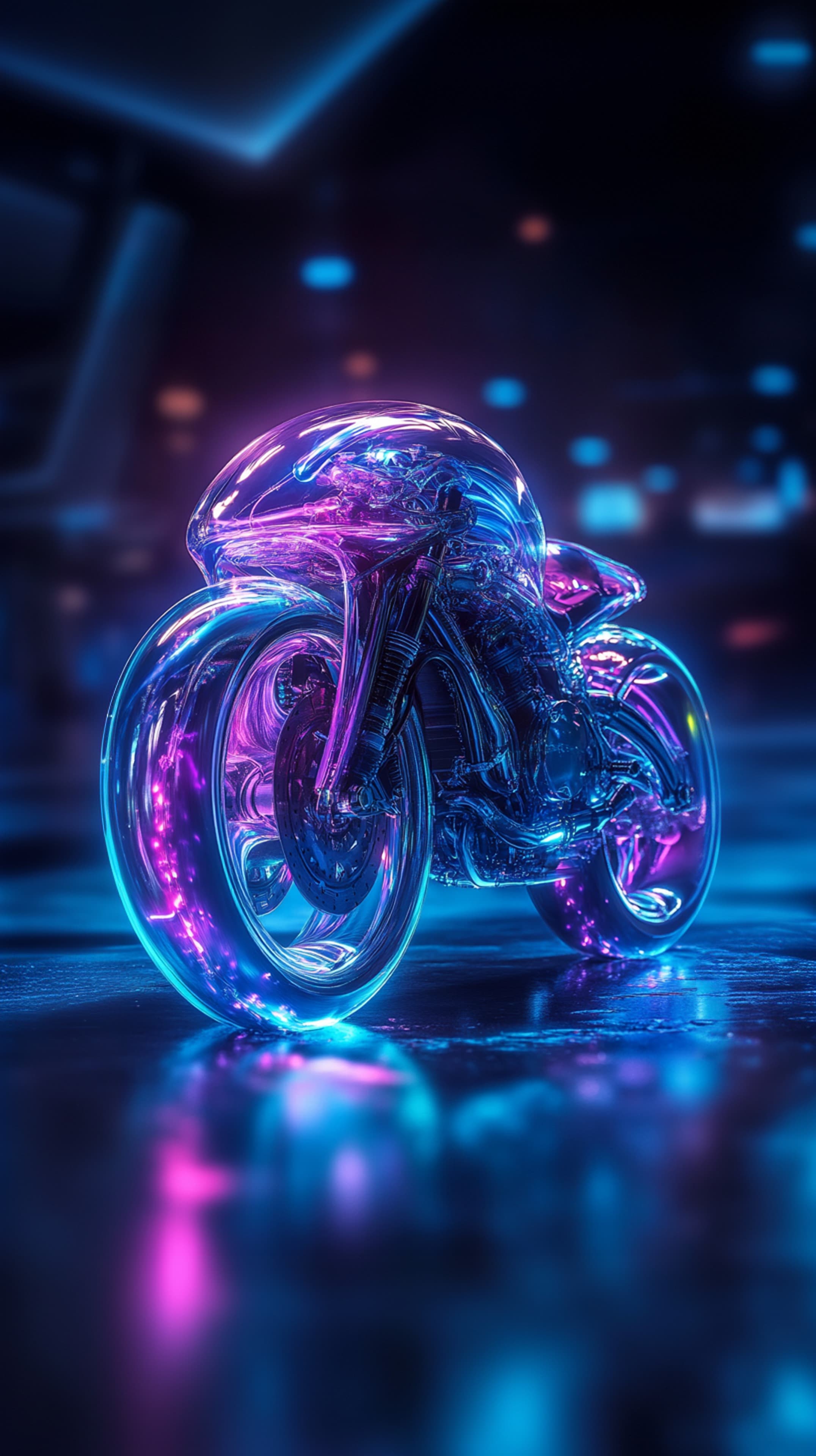 Futuristic Neon Glass Motorcycle in Cyberpunk Night - High Resolution neon-motorcycle Wallpaper for Mobile and Desktop