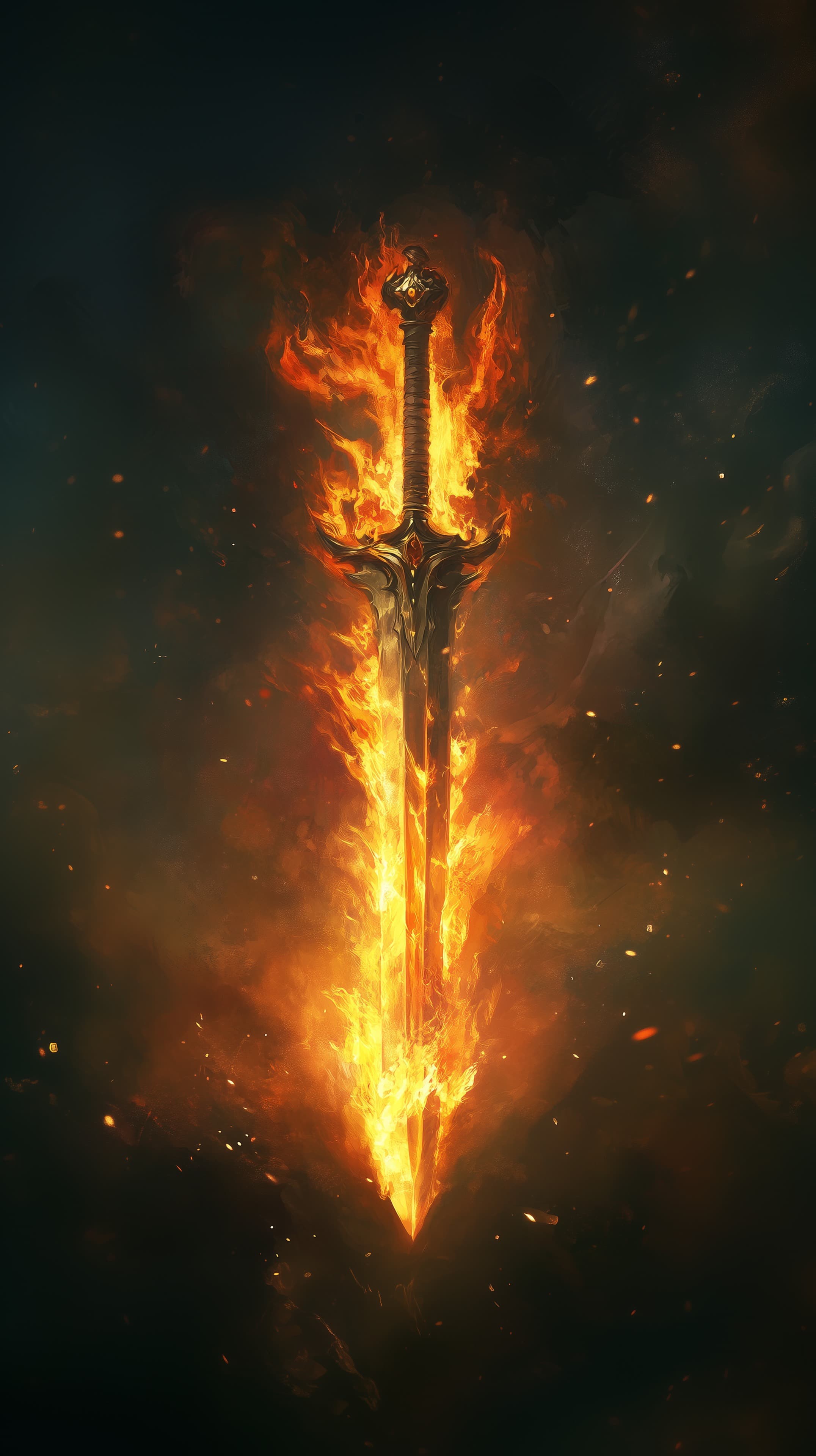 Fiery Sword in Dark Sky — Epic Fantasy Wallpaper - High Resolution art Wallpaper for Mobile and Desktop