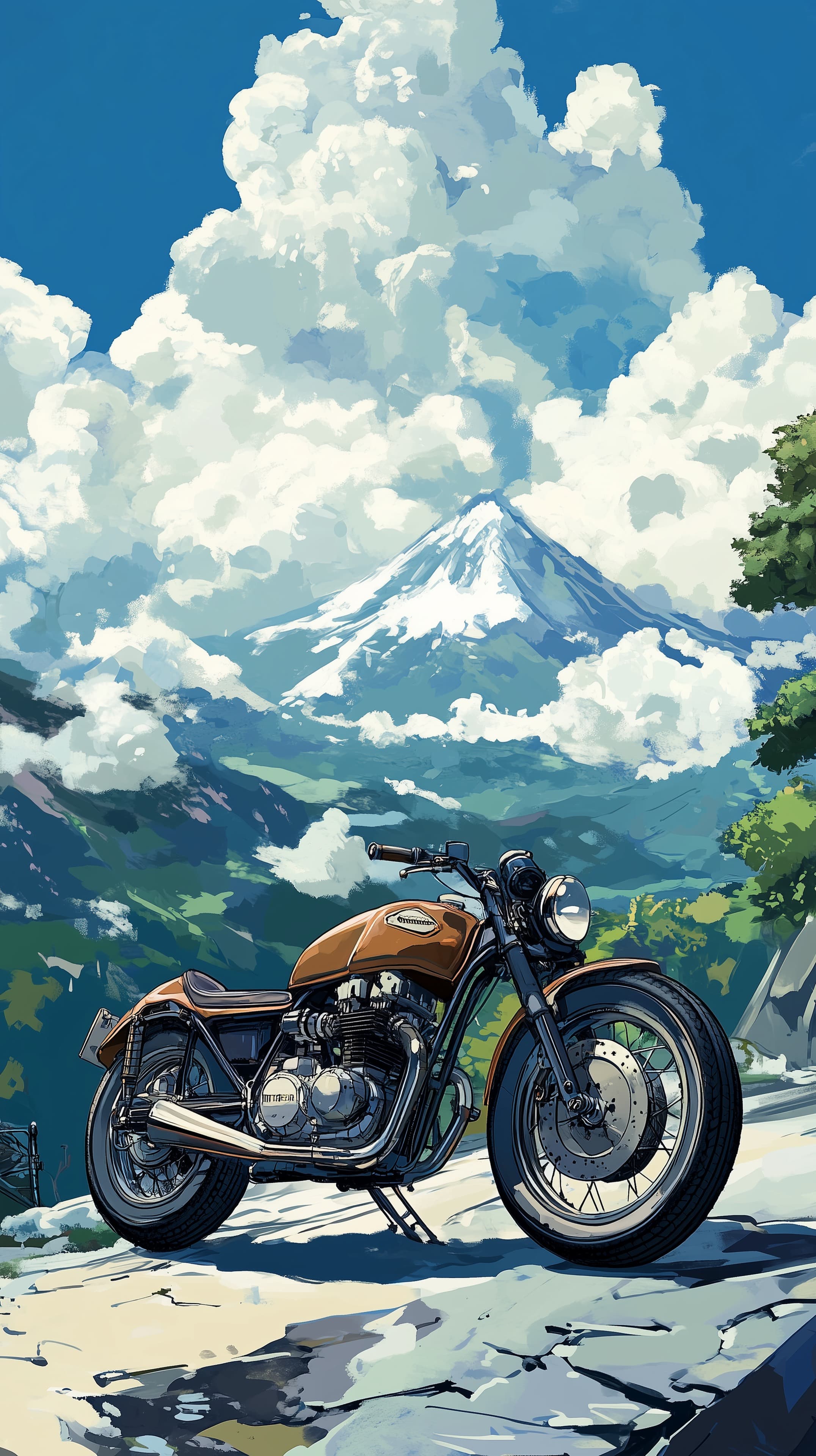 Stylized Mountain Landscape with Vintage Motorcycle Wallpaper - High Resolution motorcycle Wallpaper for Mobile and Desktop